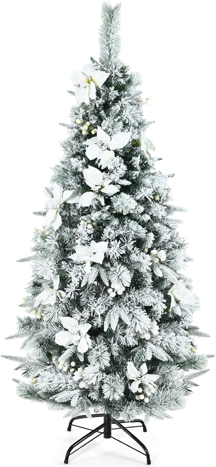Goplus Snow Flocked Pencil Christmas Tree, 5FT Hinged