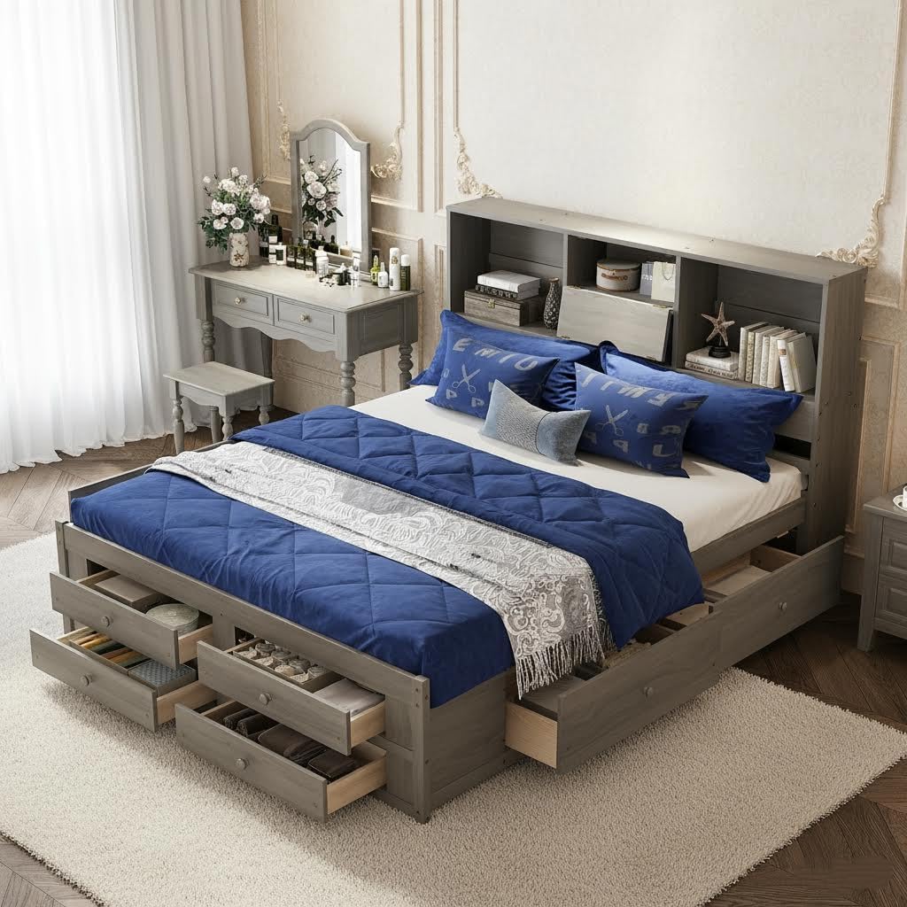 SOFTSEA King Size Platform Bed with Bookcase Headboard and Drawers, Wood King Size Platform Bed with Storage Headboard, Modern Captain's Bed Frame with 8 Drawers, Gray