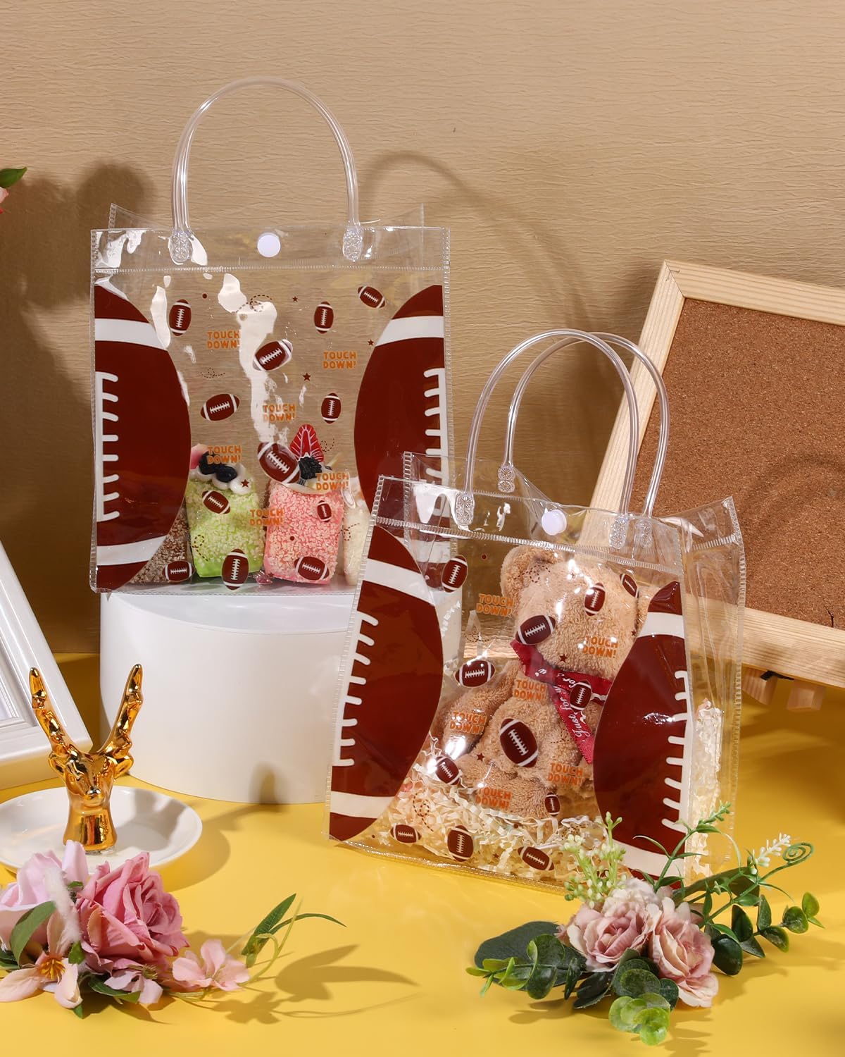 Clear Football Favor Bags with Handles - 24 Pack Football Gift Bags, Transparent PVC Goodie Bags for Sports Theme Birthday Holiday Team Events (8 x 8 x 3.2Inch) - Image 2