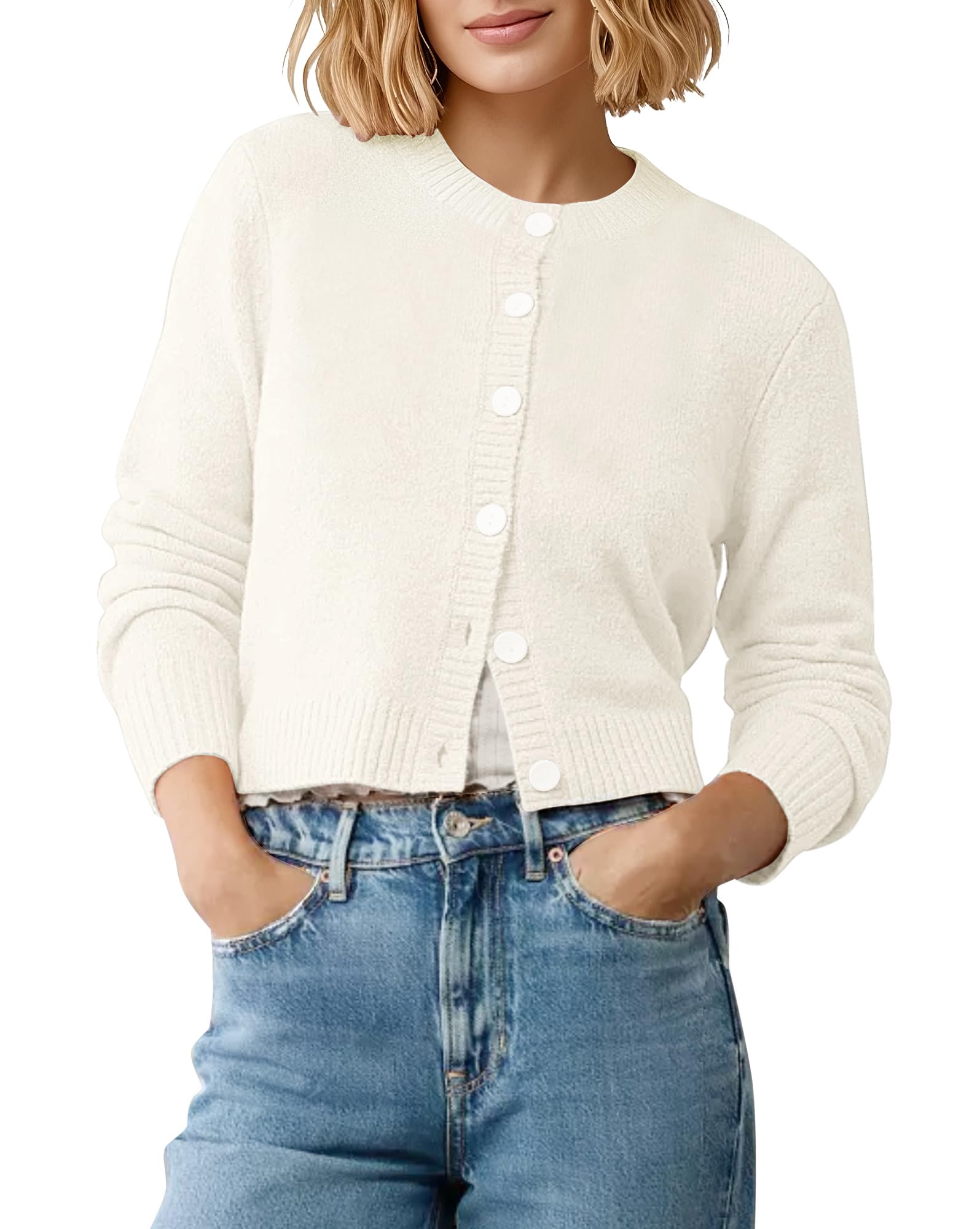 EXCHIC Femmes Confortable Manches Longues Front Ouvert Court Cardigan Pull Coupe Slim Col Rond Boutonné Gilets