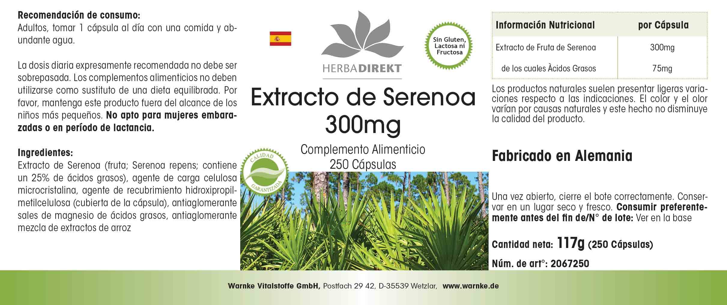 Extrait de palmier nain 300mg - avec bêta-sitostérol - grand emballage - 250 gélules | Herba Direkt - Qualité des pharmacies allemandes