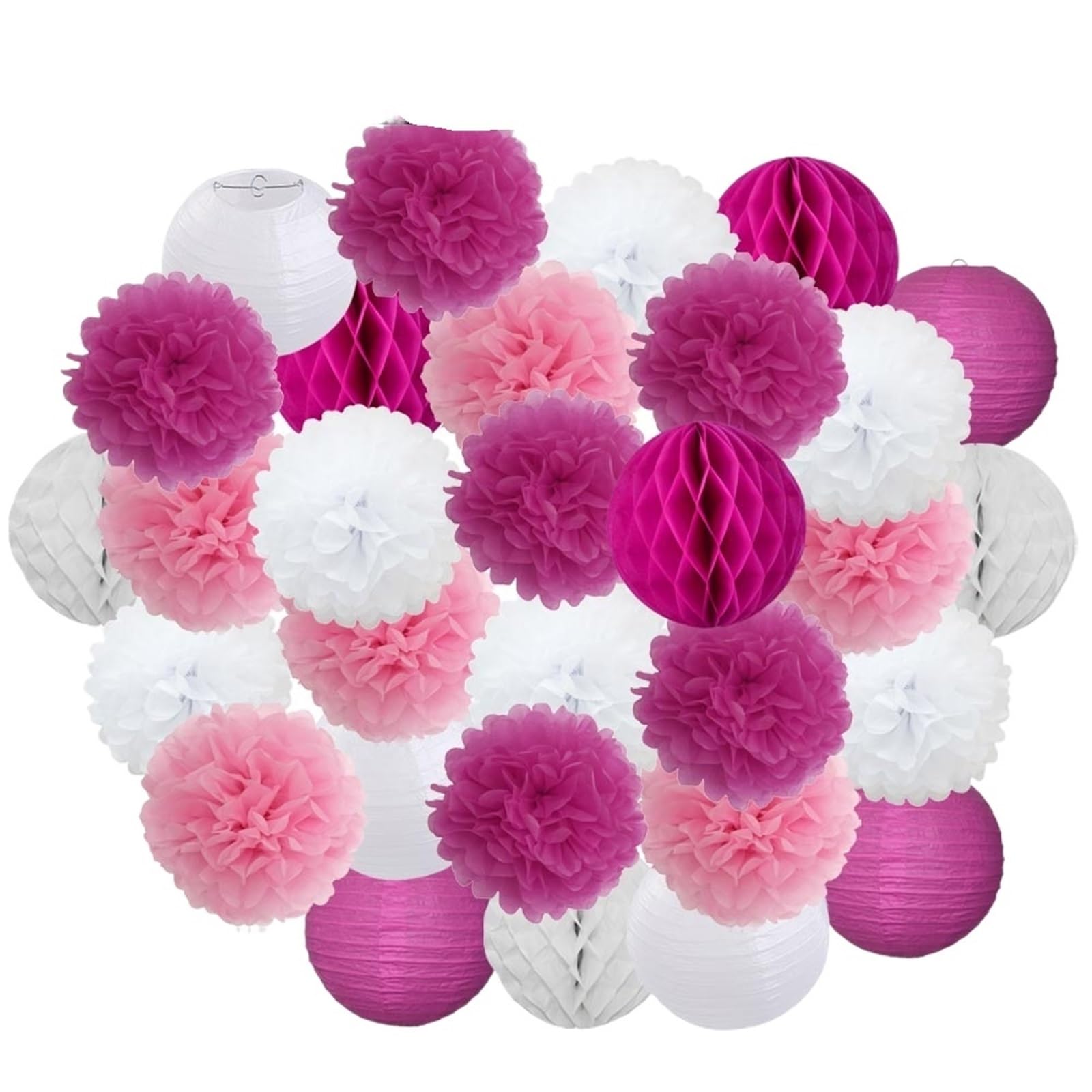 Pompons Deko 30 stücke Urlaub Festival Decor Blau Weiß Papier Laterne 6 “8” 10 “12” Geburtstag Party Favor Hängen gewebe Pompom(Rose Red Set,L-12inch(30cm))