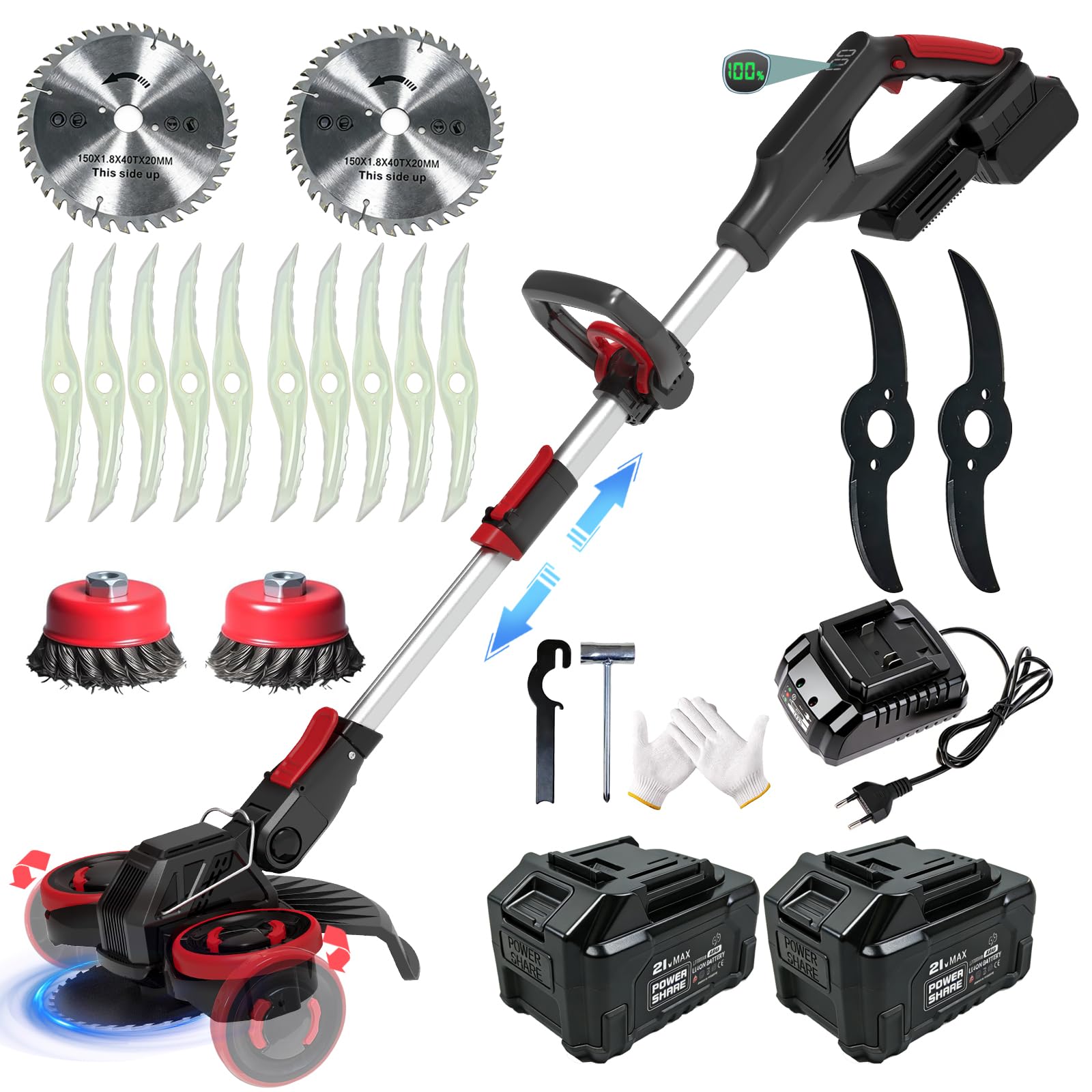 Decespugliatore a Batteria, 21V Tagliaerba Elettrico a Batteria Brushless,Tagliabordi a Batteria con 2 4.0Ah Batterie e 4 Tipi di Lame, Decespugliatore Elettrico con Ruote e Spazzola per Erbacce,Nero