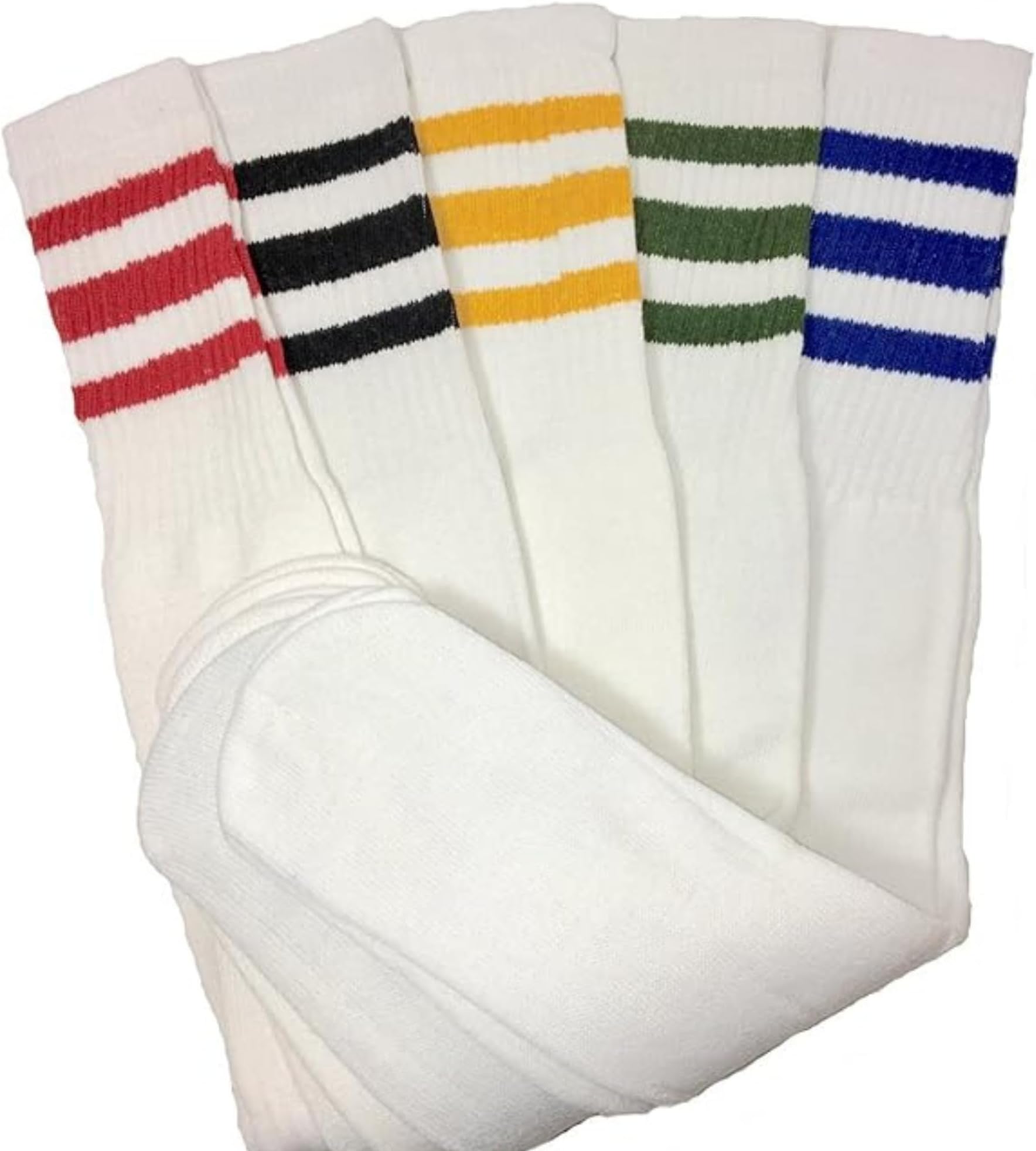 Full 90 Mens 5 PAIRS Classic Multi Striped Sports Tube Socks,Sock Size 10-15, White, Large