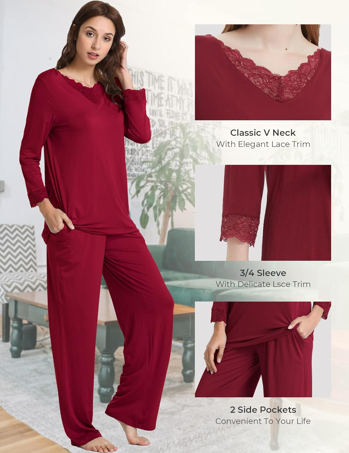 GYS Women's Pajama Sets Viscose from Bamboo Lace Trim Long Sleeve Sleepwear Soft Pjs Lounge Sets with Pockets - Image 5