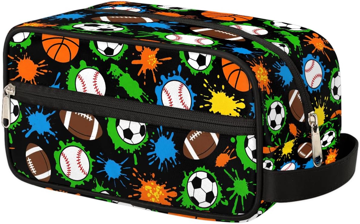 Colorful Splashes Sports Balls Pattern Kids Toiletry Bag for Boys Girls, Cosmetic Makeup Bag with Handle, Travel Shaving Kit Organizer, Waterproof Portable Wash Bag for Gym Vacation Camping Sports