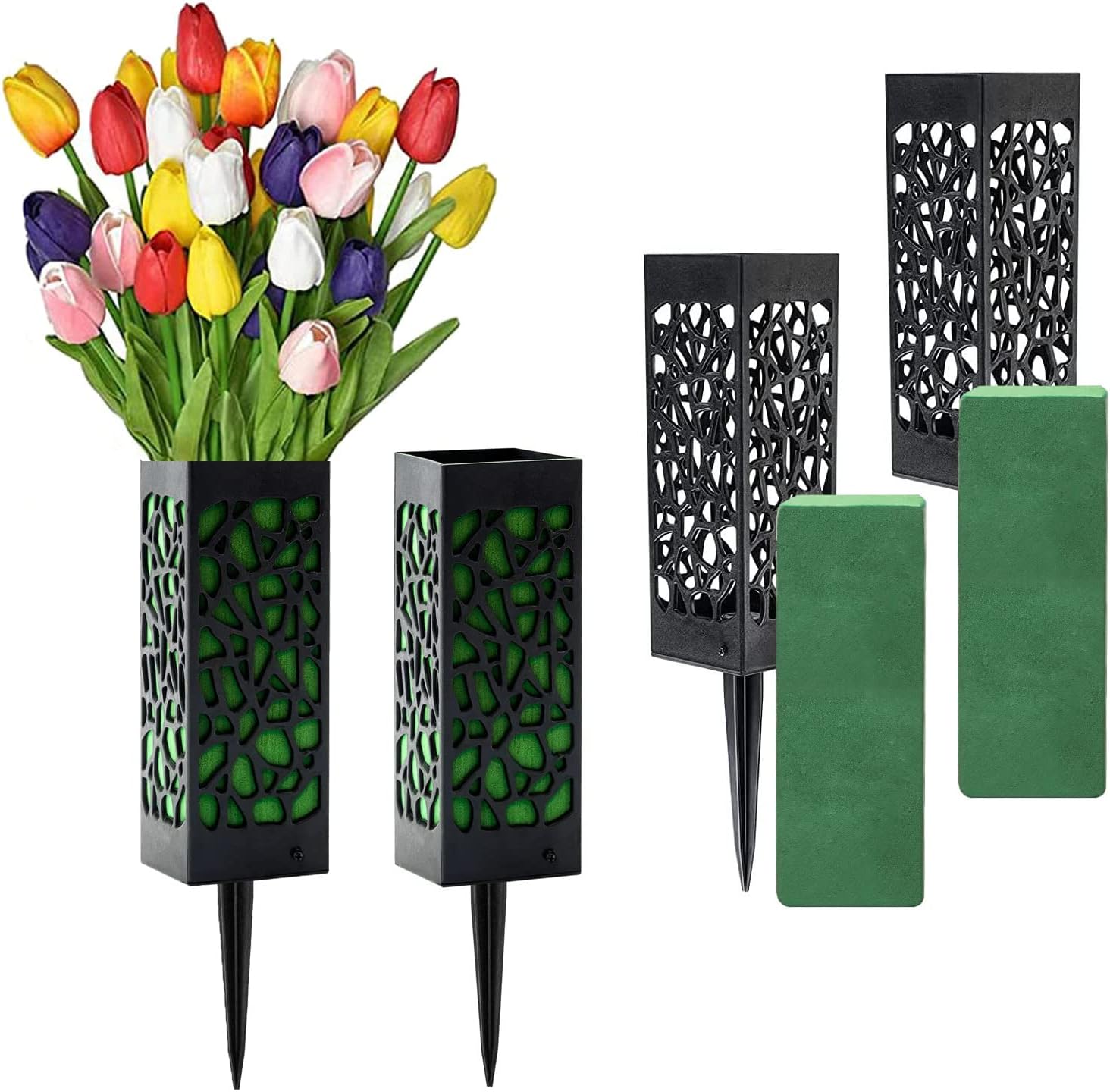 Cemetery Vases with Spikes and Foam, 4pcs Cemetery Grave