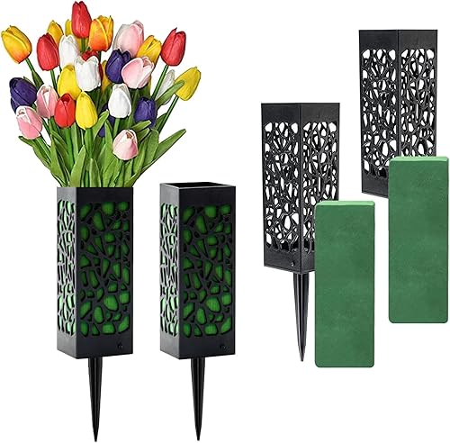 Jarrones de cementerio con espigas y espuma, 4 soportes para flores de cementerio sin flores, soporte para flores de plástico conmemorativo al aire