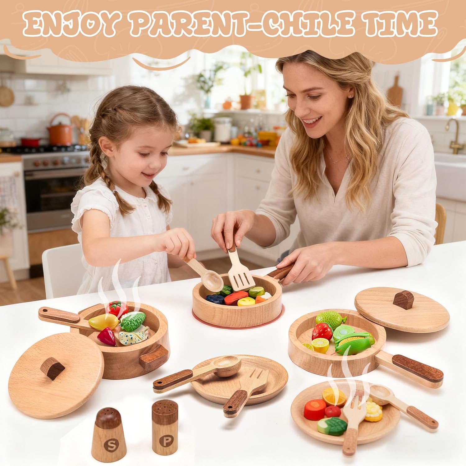 WHOHOLL Wooden Play Cooking Set with Plates and Dishes, Kitchen Toys for Kids 3 4 5 6, Montessori Play Kitchen Accessories Including Pots and Pans, Christmas Birthday Gifts for Girls Boys