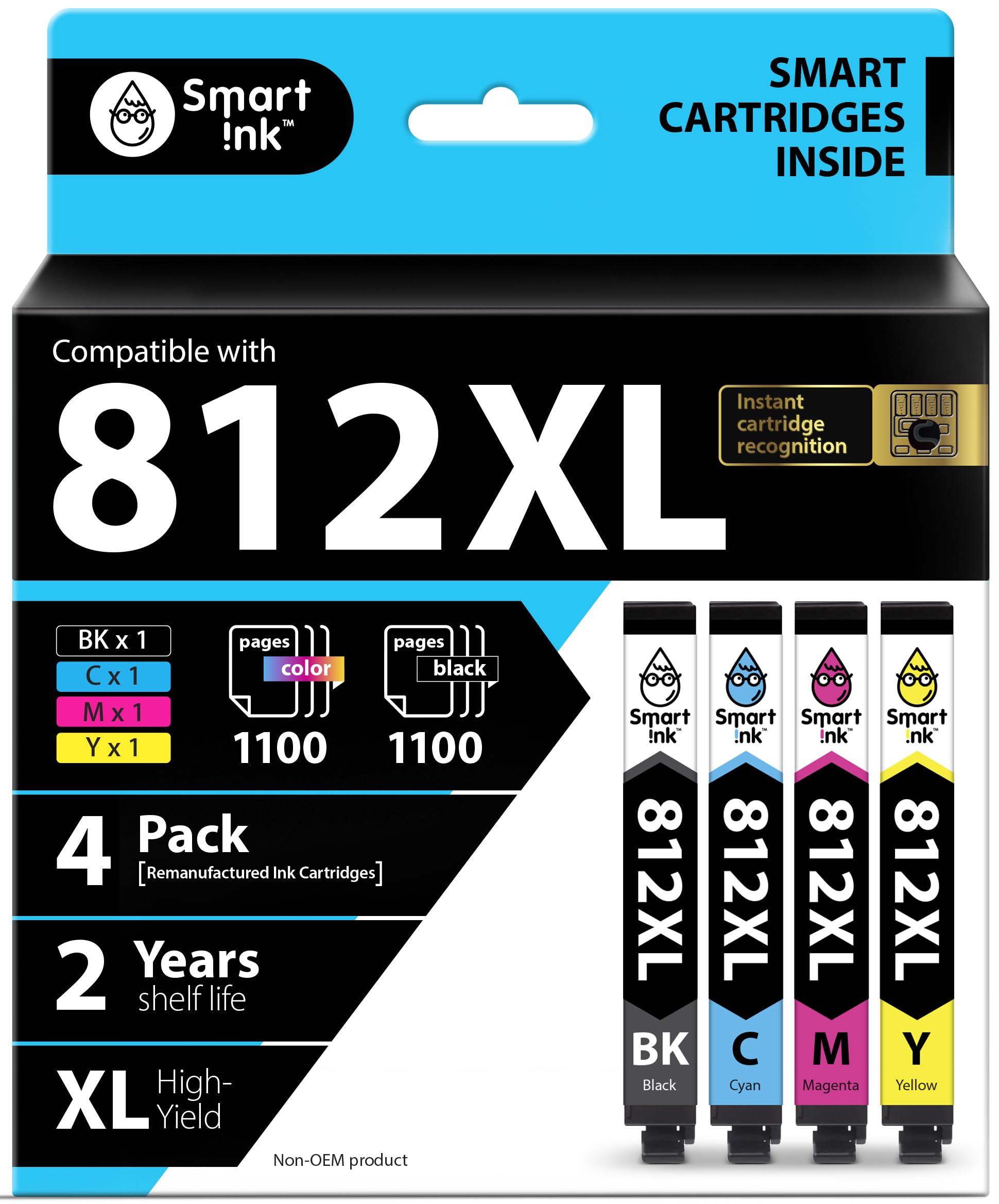Smart Ink Remanufactured Ink Cartridge Replacement for Epson 812 XL 812XL T812XL to use with Workforce Pro WF-7820 WF-7840 Workforce EC-C7000 (BK & C/M/Y, 4 Combo Pack)