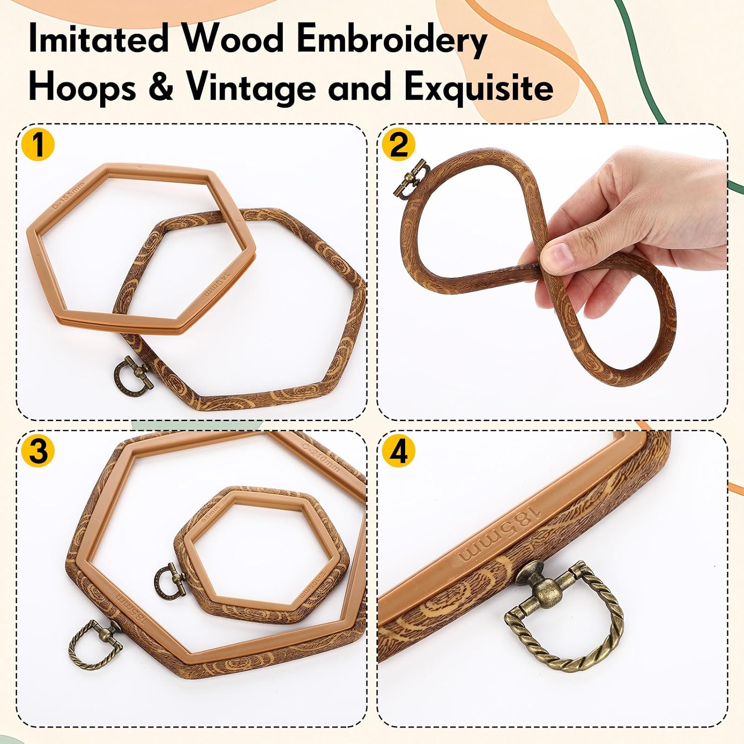 BrightRow 6 Pcs Large Embroidery Hoop Set Decorative Imitated Wood Display Frame Cross Stitch Hoop Ring for Art Craft DIY Sewing and Hanging Ornaments Decor(Hexagon,10.5+15.5+21 cm)