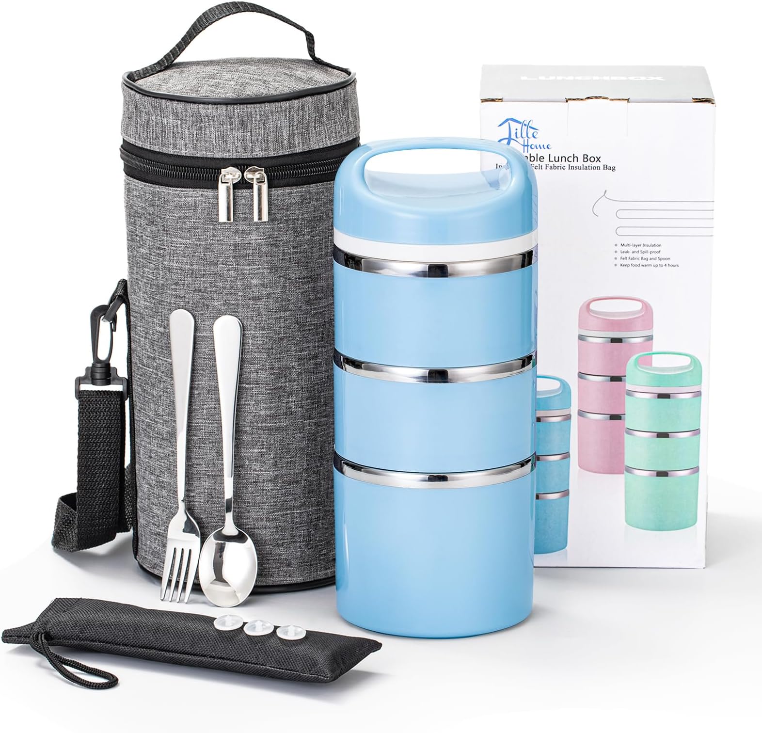 Lille Home Stackable Stainless Steel Thermal Compartment Lunch/Snack Box, 3-Tier Insulated Bento/Food Container with Lunch Bag, Utensils Set and Three Extra Seals, 43OZ (Blue with Utensils)