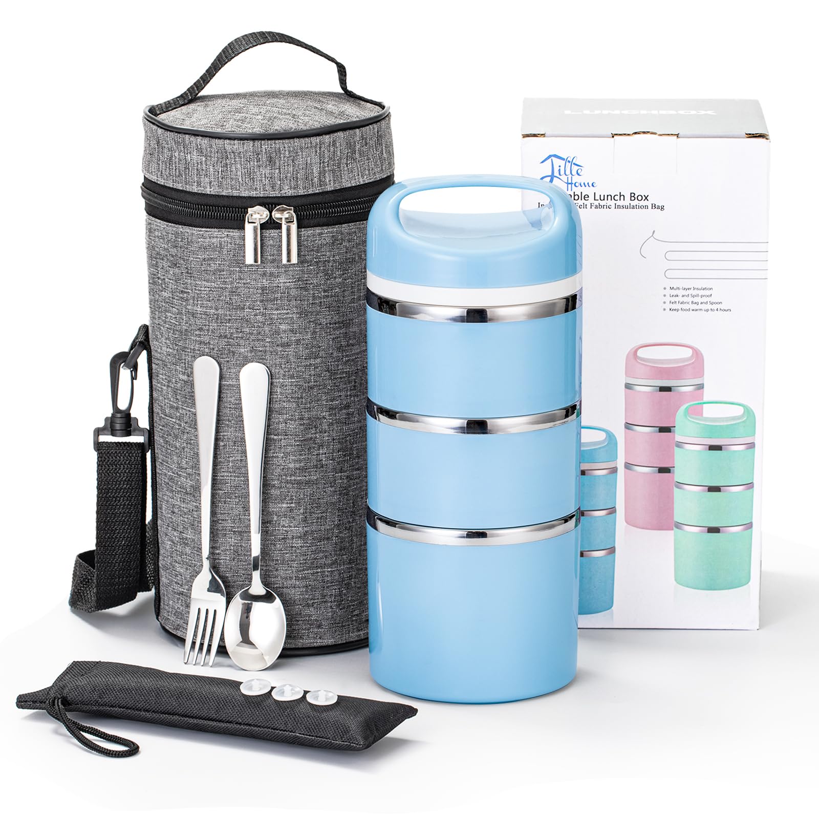Lille HomeStackable Stainless Steel Thermal Compartment Lunch/Snack Box, 3-Tier Insulated Bento/Food Container with Lunch Bag, Utensils Set and Three Extra Seals, 43OZ (Blue)