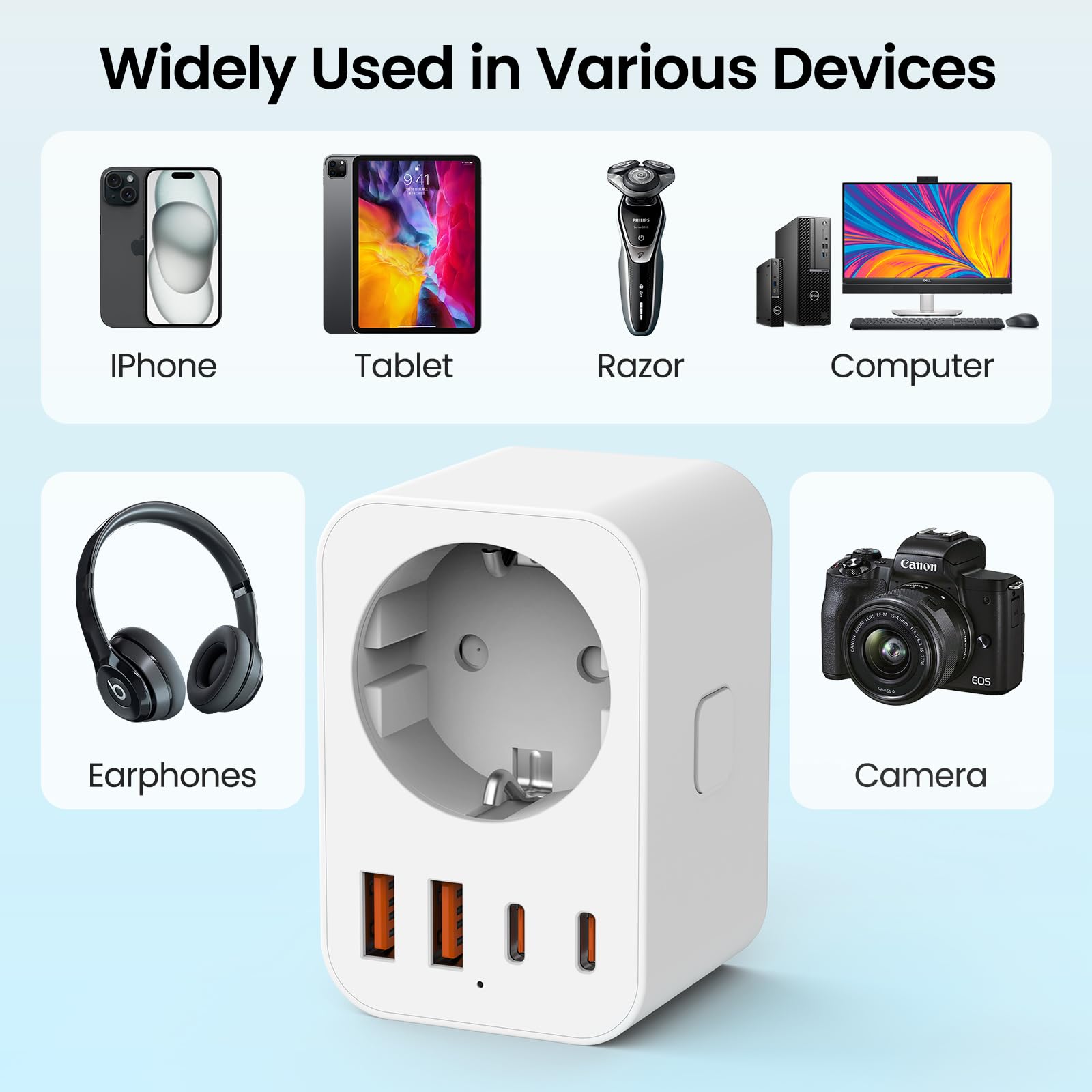 Adaptateur de Voyage Mondial, 4 Prises de Voyage Amovibles Travel Adapter, Adaptateur de Voyage vers USA/UK/Japan/Europe, Adaptateur Type A/B/G/C International avec 2 USB C/2 USB A//1 AC