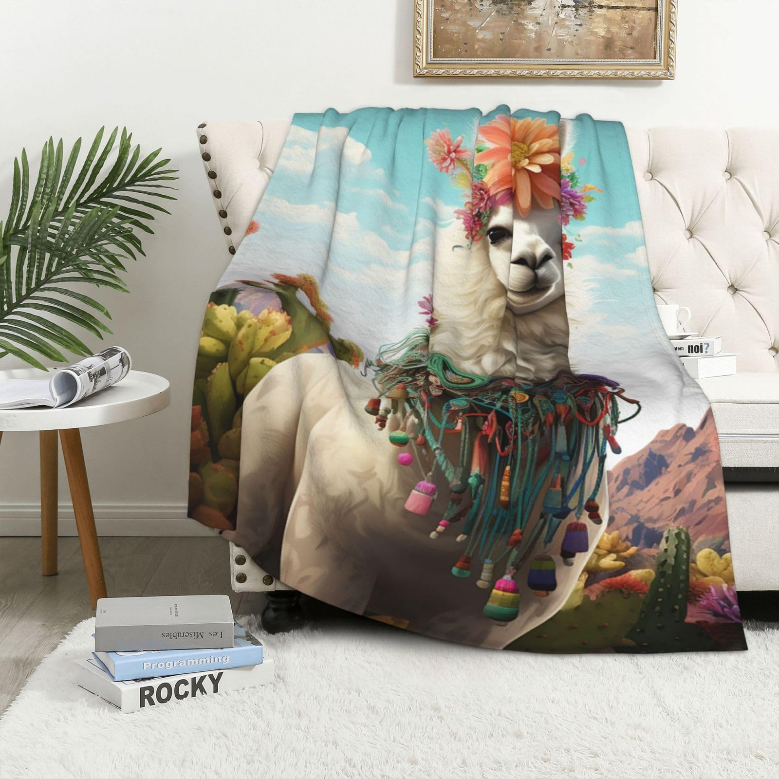 Couverture flanelle haut de gamme, jeté de lit réversible motif cactus et lama mexicain