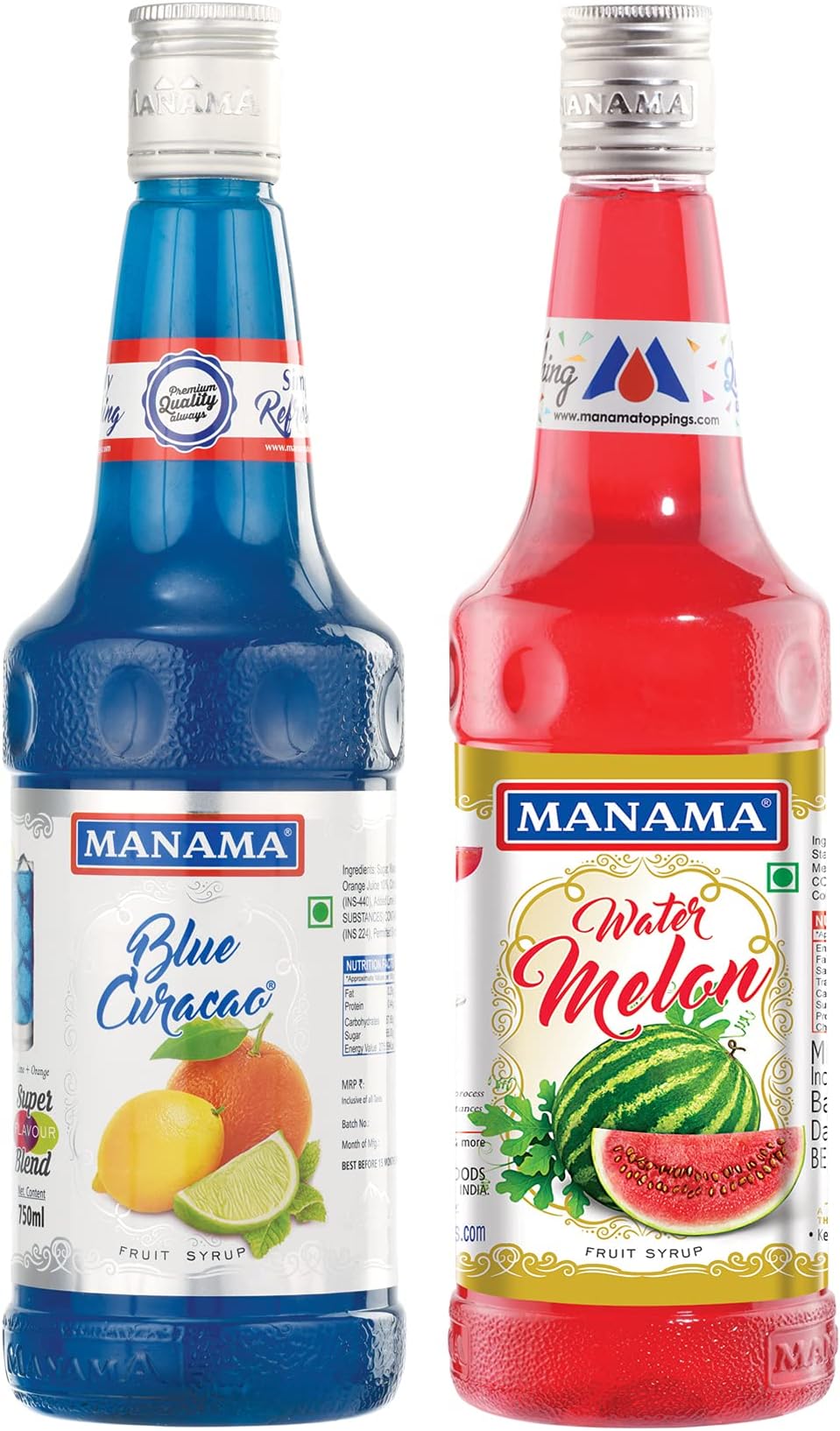 Manama Blue Curacao Fruit Syrup and Watermelon Fruit Flavoured Syrup, 750ML Each, Pack of 2