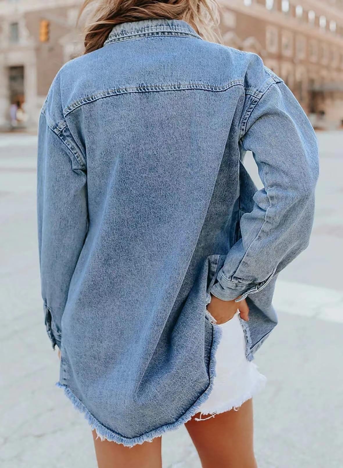 Casual Denim Button Down Distressed Jacket, Washed Denim Shirt Jacket for Women, Boyfriend Frayed Hem Shacket