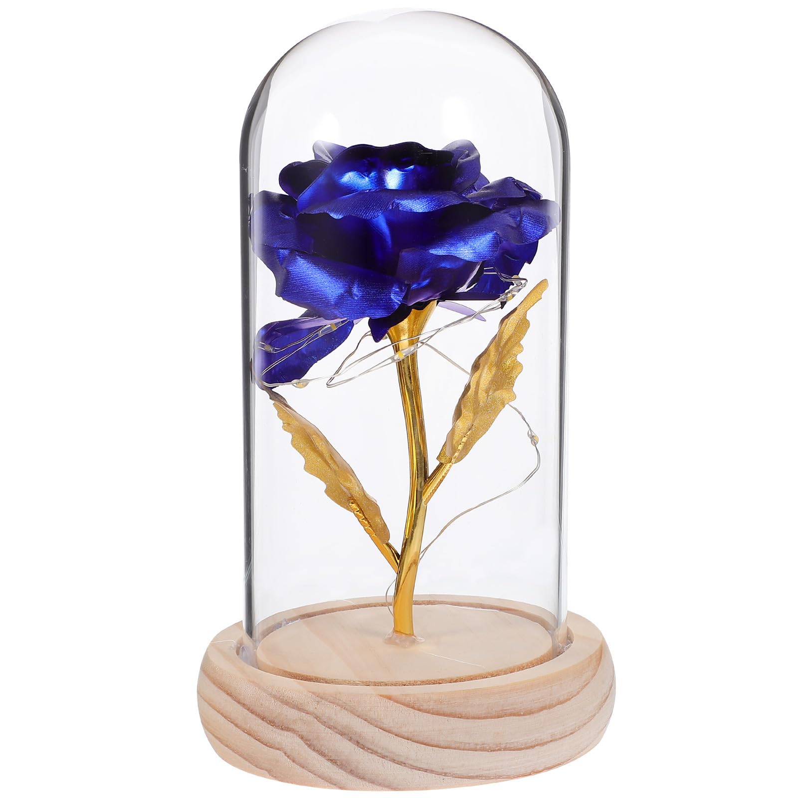 Cúpula de cristal azul con flores preservadas y luces led para decoración