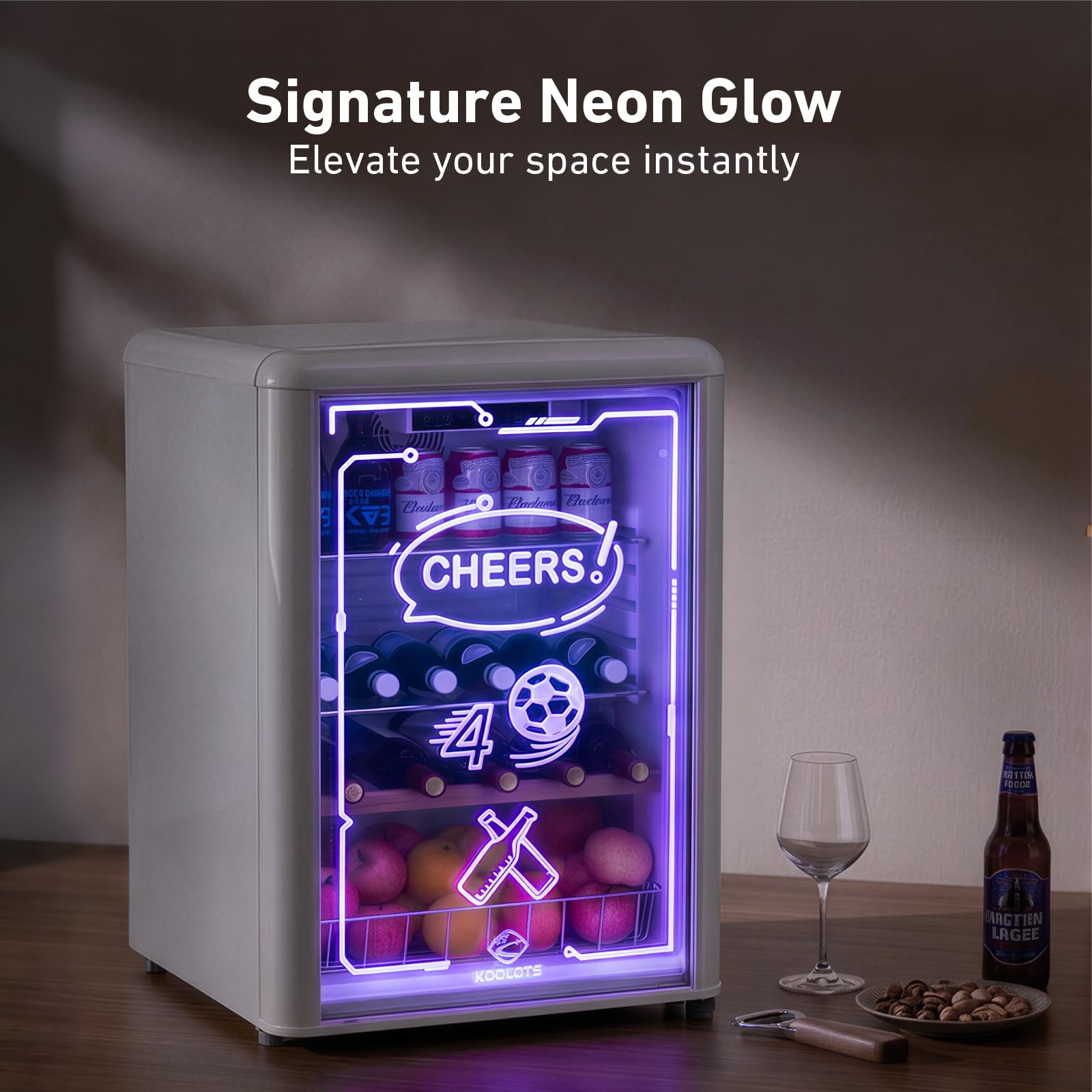 KOOLOTS 4.4 Cu.Ft Beverage Refrigerator with LED Light Up Glass Door, 23.6” Small Freestanding Drink Fridge with Low Noise, Mini Cyberpunk Cooler for Home Bar, Bedroom, Gaming & Party on Fridge.com