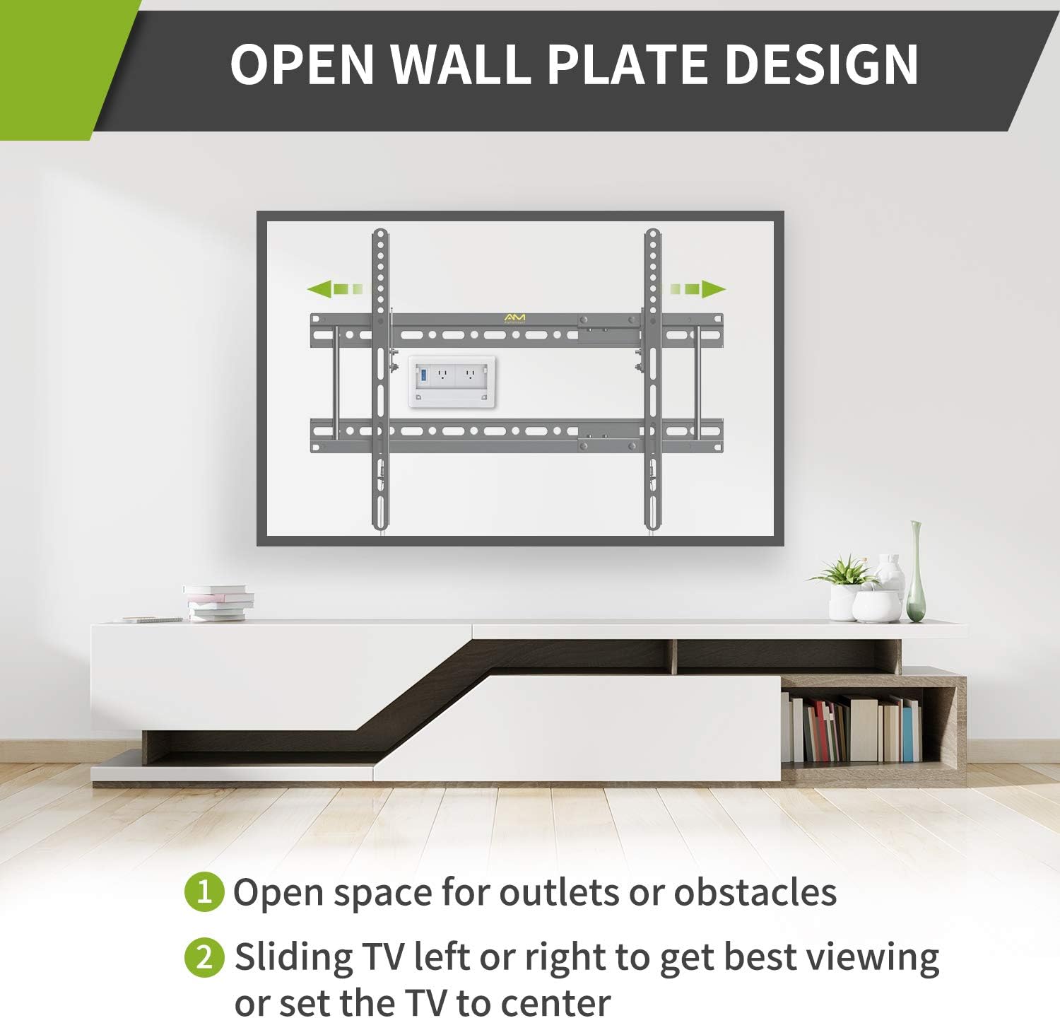 Open wall plate design showing space for outlets and horizontal TV adjustment