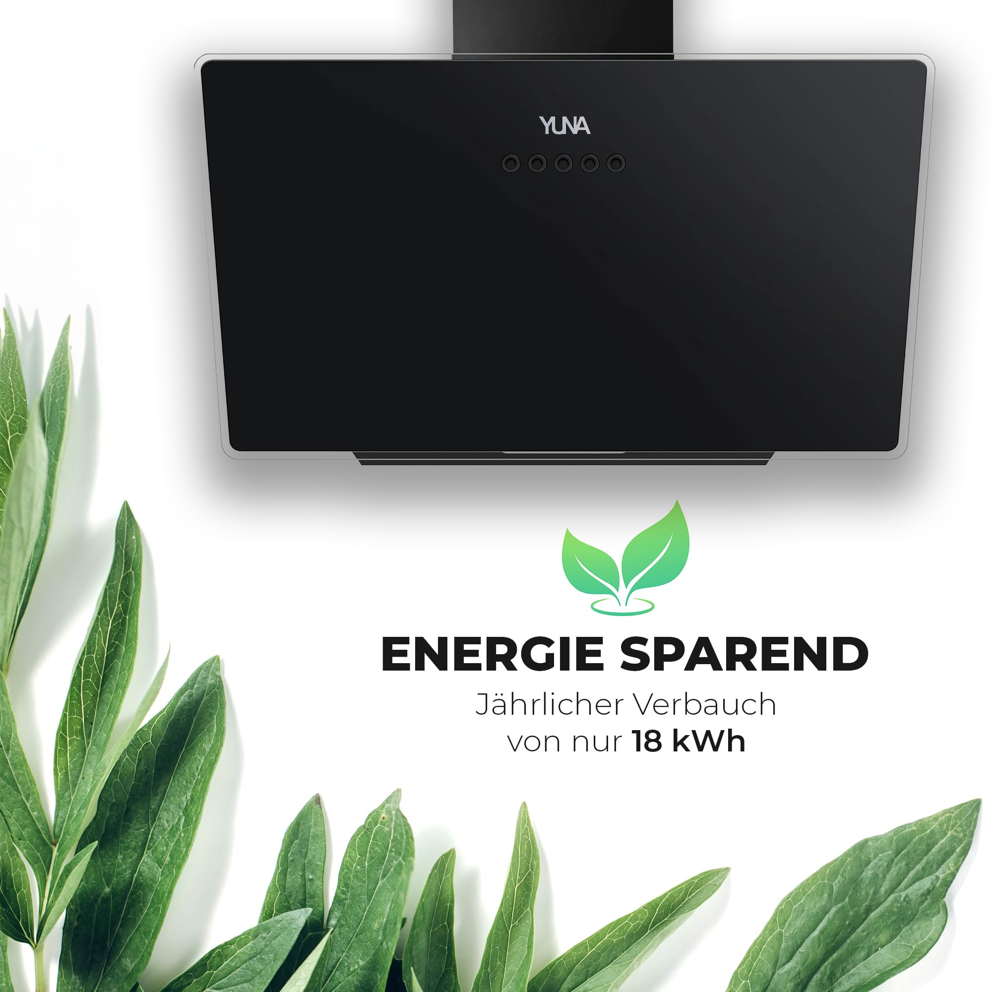 YUNA Dunstabzugshaube DUANA 60 cm Schwarz Glasfront 3 Leistungsstufen Abluft Umluft Kopffrei LED Beleuchtung Ohne Kohlefilter