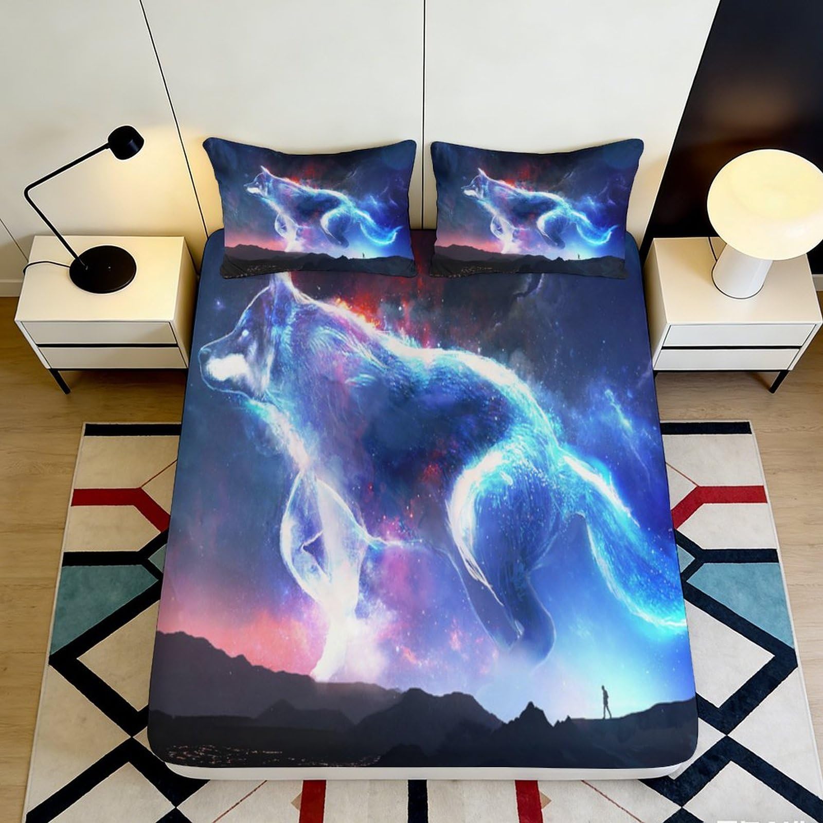 3D Printed Galaxy Wolf Fitted Sheet Microfiber Soft Decor Cosmic Nebula Mattress Cover for Bedroom Dorm Home 90x200x25cm
