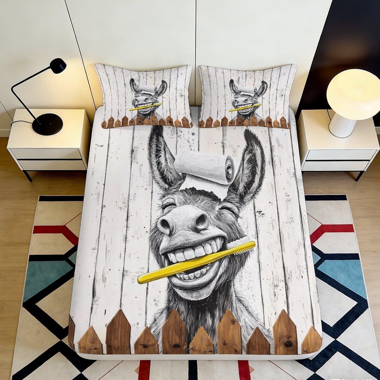 3D Printed Donkey Pattern Fitted Sheet Microfiber Soft Breathable Cartoon Animal Bed Cover for Bedroom Dormitory Guest Room Mattress Protection 90x200x25cm