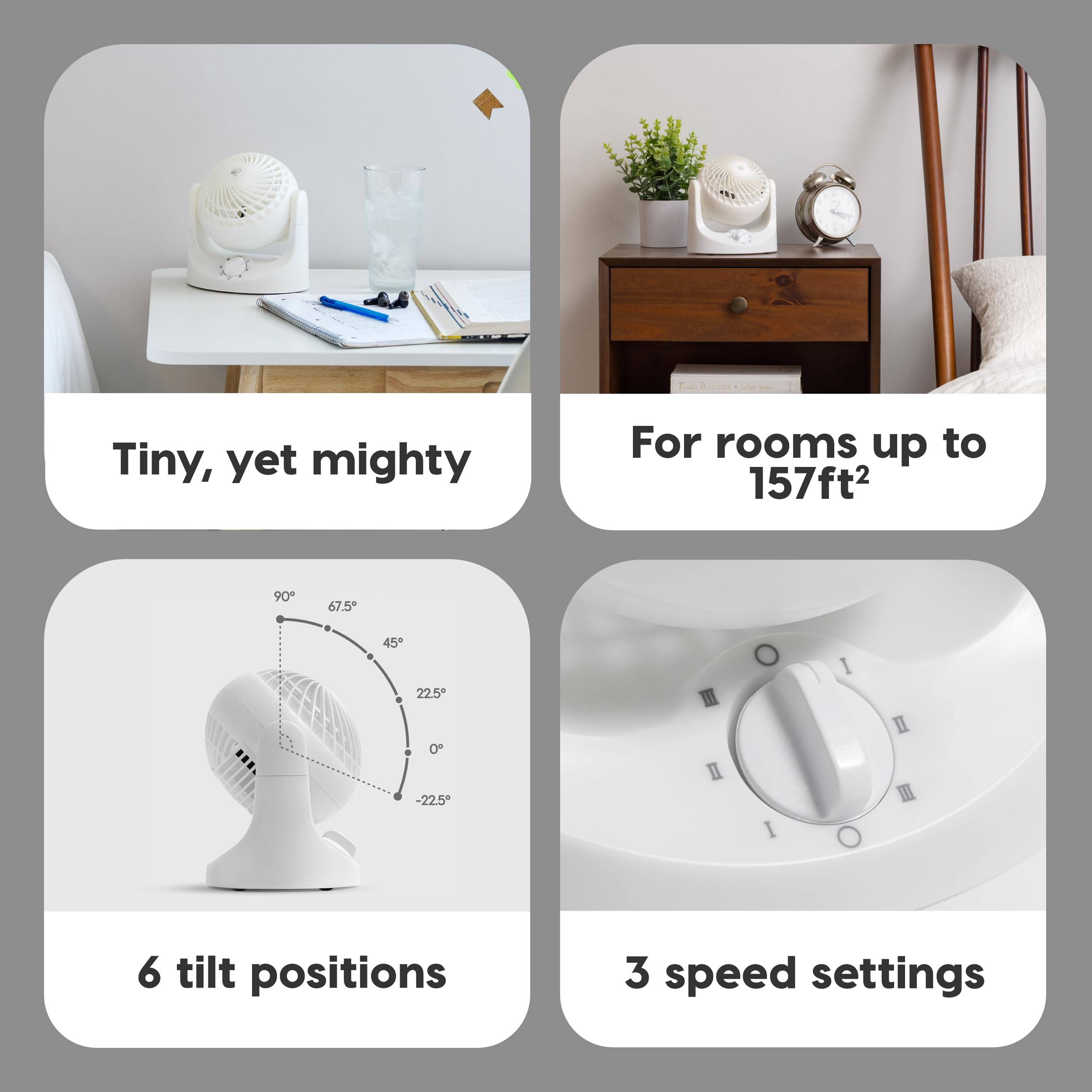 Iris Ohyama Woozoo Ventilatore da tavolo, 7,4 m³/min, inclinazione verticale 110°, bianco, 3 velocità, silenzioso, ideale per camera da letto, cucina, raffreddamento ad aria, potente, made in Francia