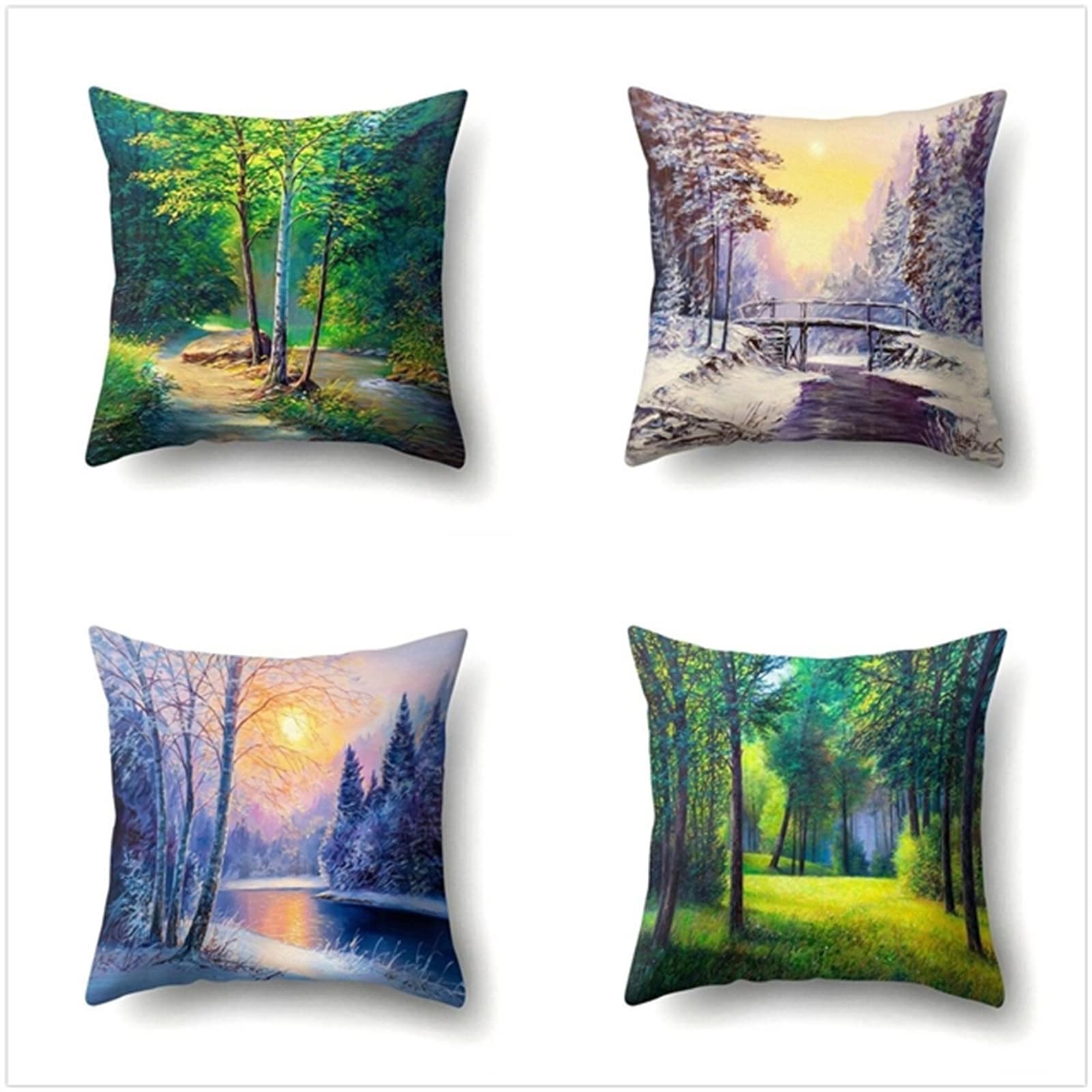 Poszewka na poduszkę 65 x 65 cm, zestaw 4 szt., styl boho, dekoracja do salonu, sypialni, pokoju, poszewka na poduszkę z ukrytym zamkiem błyskawicznym, poduszka na sofę, Boże Narodzenie, las śnieg