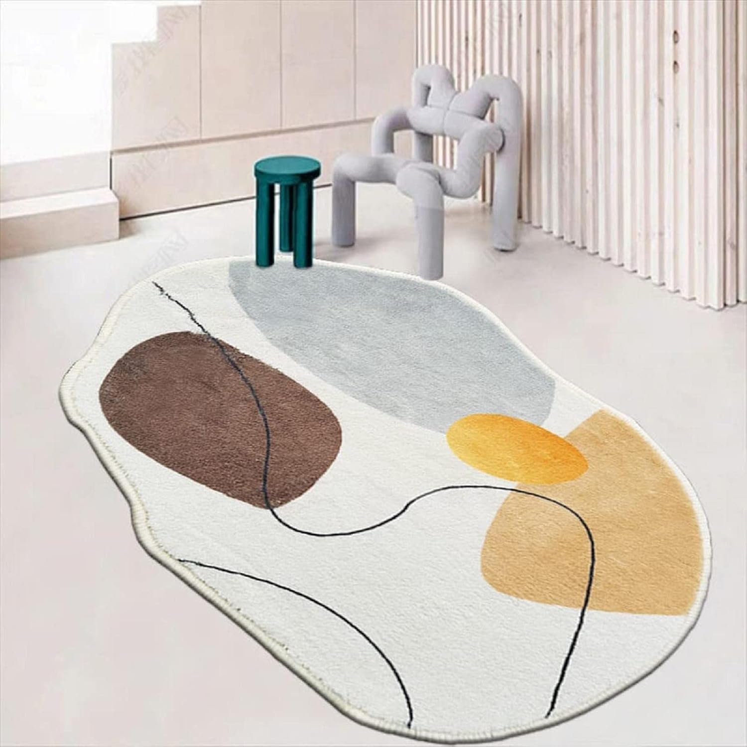Tapis bohème 119x200 cm à poils longs et lignes abstraites milieu du siècle