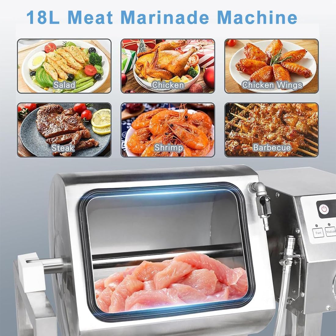 Vacuum Tumbler Marinator, 18L Meat Tumbler Marinator Machine, Three-Speed Automatic Bidirectional Rotation, Stainless Steel Marinating Curing Meat Tenderizer for Chicken Steak Burger Shop