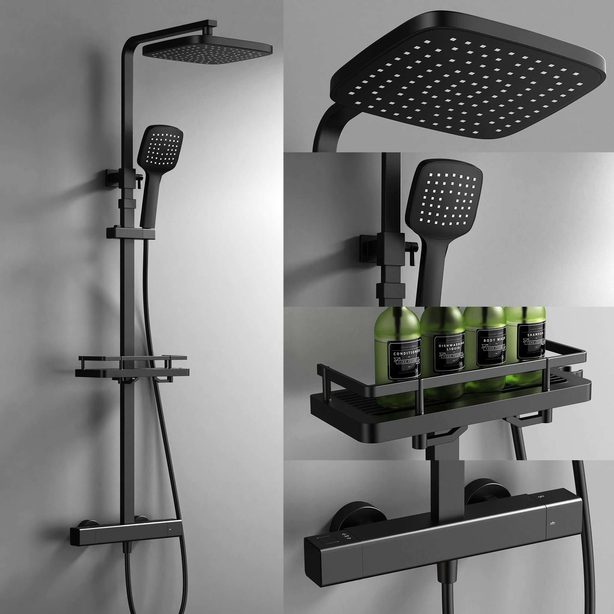 HOMELODY Duschsystem mit Thermostat & Duschablage Schwarz - Duscharmatur Komplettset mit Handbrause & Kopfbrause - Höhenverstellbar, 38 °C Sicherheitssperre, Wandmontage für modernes Badezimmer