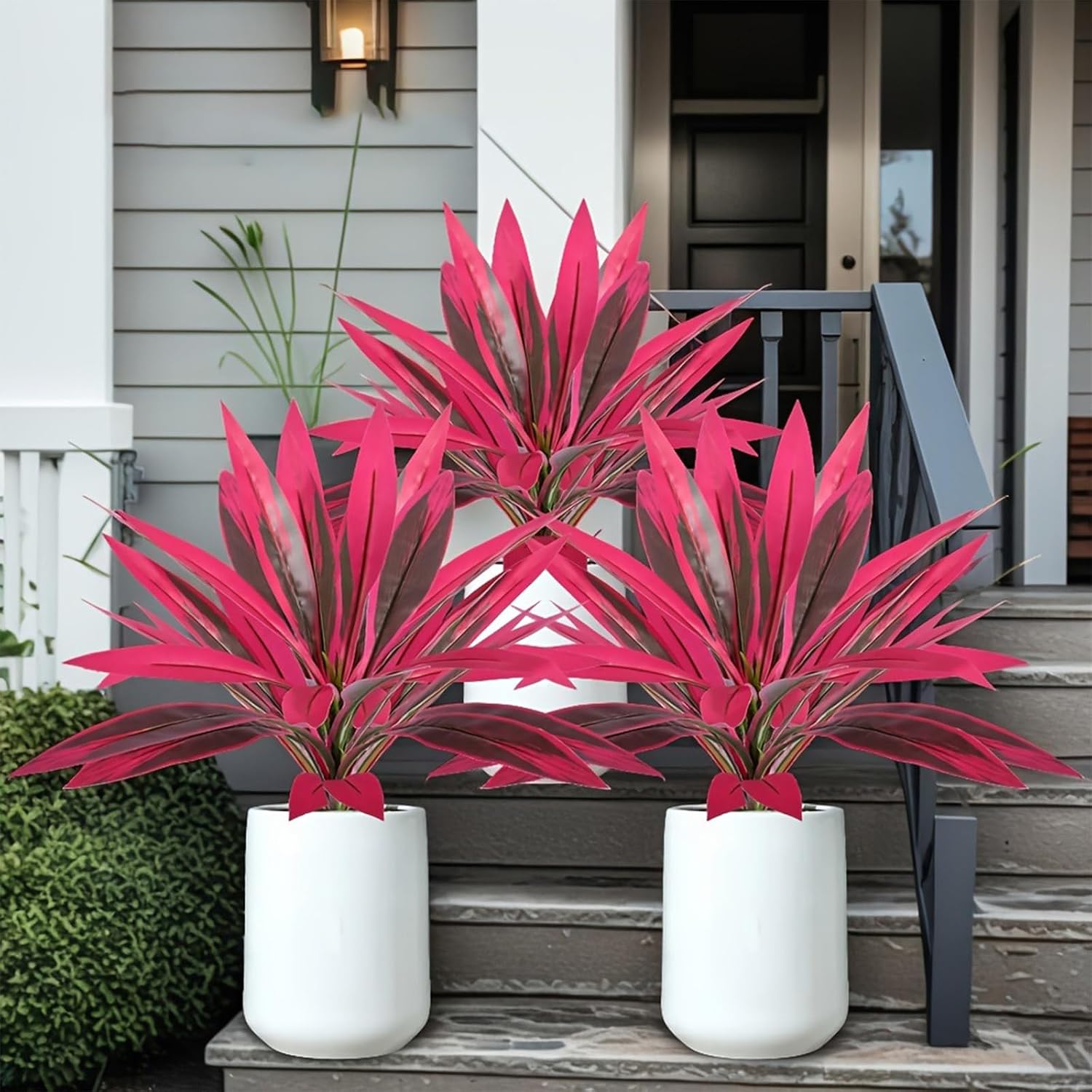 2PCS Large Realistic Artificial Boston Fern & Dragon's Blood Tree Plants with Vibrant Pink/Purple Leaves, Artificial Ti Plant, Artificial Red Cordyline Ti Plant for Garden, Patio (6PCS)