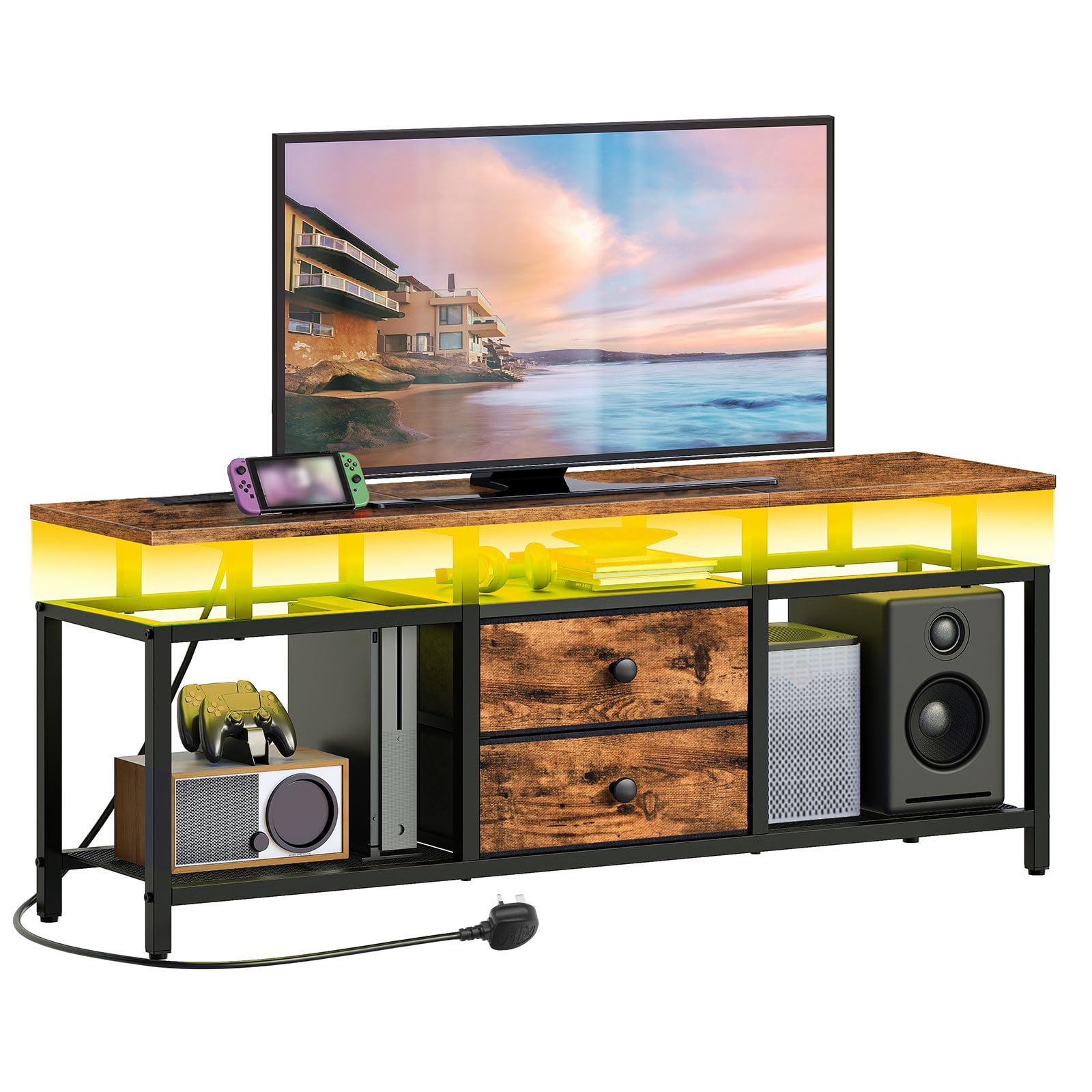 YATINEY TV Stand Cabinet, for TVs up to 45", TV Cabinet with Charging Station and LED Lights, Entertainment Center with Drawers and Storage Shelving, for Living Room, Bedroom, XDS03KDBR