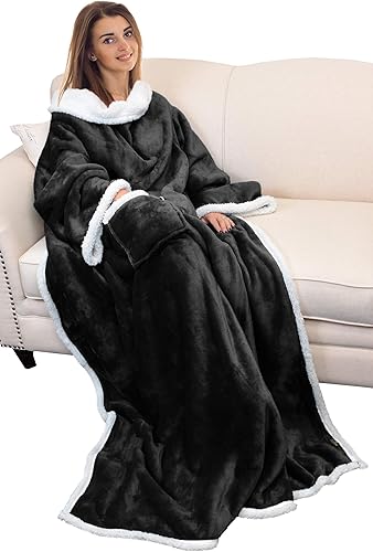 Catalonia - Manta de forro polar tipo sherpa con mangas y bolsillo, microfelpa abrigada y cómoda para ver TV, manta para adultos, mujeres y hombres,