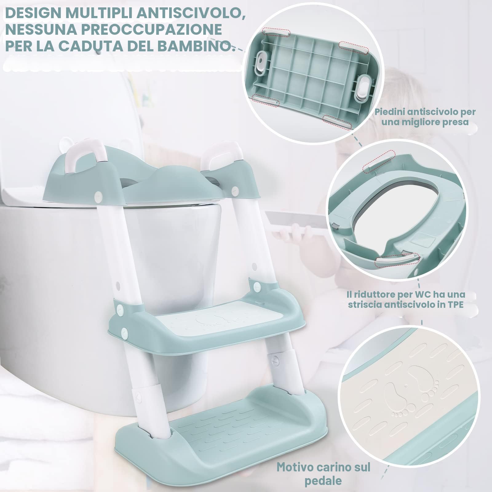 Riduttore WC per Bambini, con Scaletta, con PU Morbida Seduta Imbottita, Pieghevole, Antiscivolo, Adatto per Tazze a V, U Oppure O