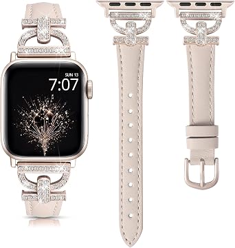 TOYOUTHS Leather Strap Compatible with Apple Watch Straps 41/42/38/40mm Women Slim Band D-Shaped Metal Buckle Rhinestones Luxury Bracelet for iWatch 11 10 9 8 7 6 5 4 SE 3 2 1, Starlight/Starlight