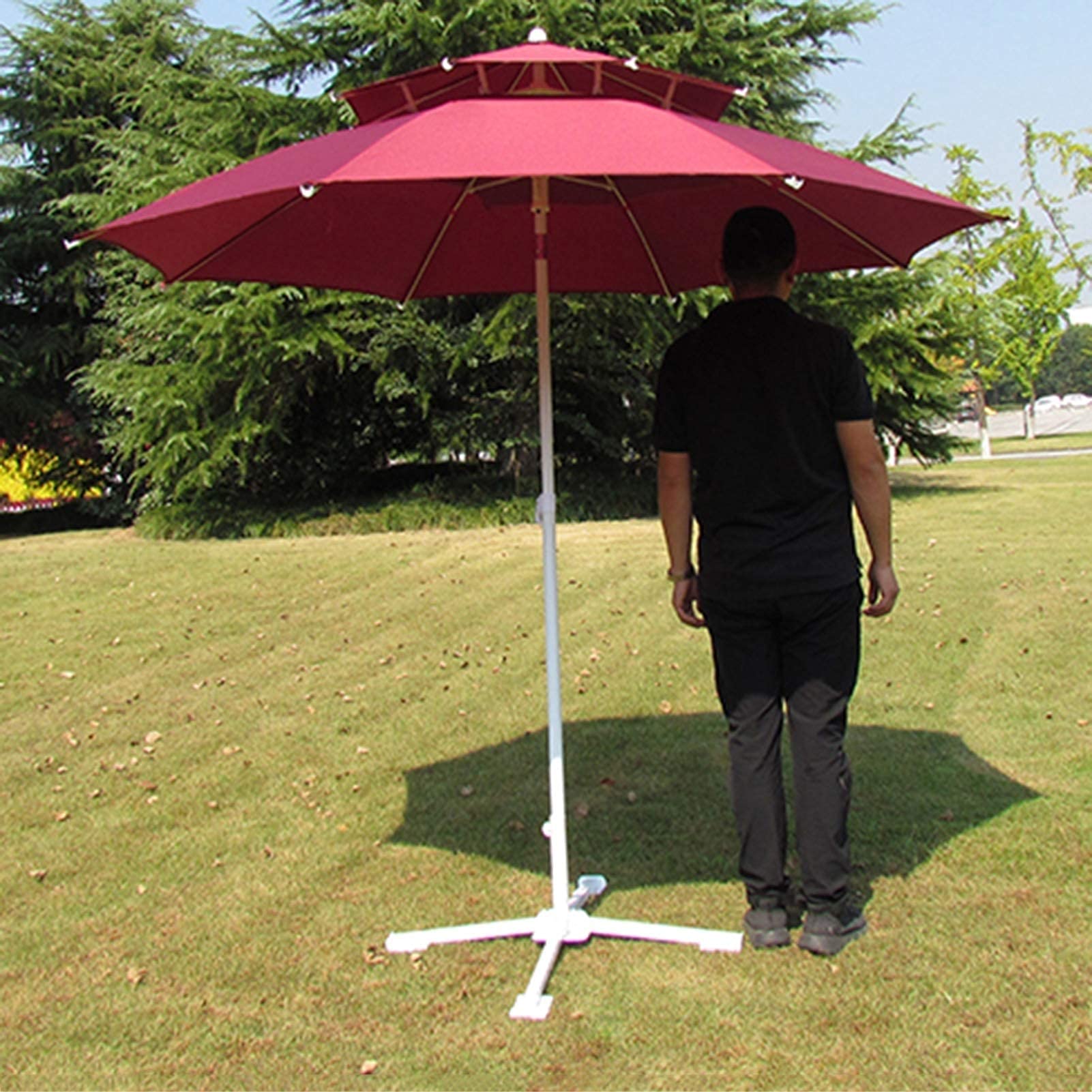Parasol ogrodowy,Duży parasol handlowy 2,4 m/7,9 stopy, czerwona ochrona przed słońcem z 6 żebrami i żelaznym drążkiem, okrągły parasol do ogrodu przy basenie