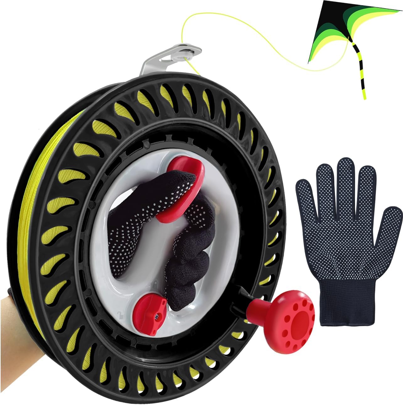 Kite String Reel with Gloves 8.66inches Dia with 1969ft Lines Upgraded Brake Deceleration & Non-Reverse System Large Flying Spool for Adults Kite Enthusiasts Black