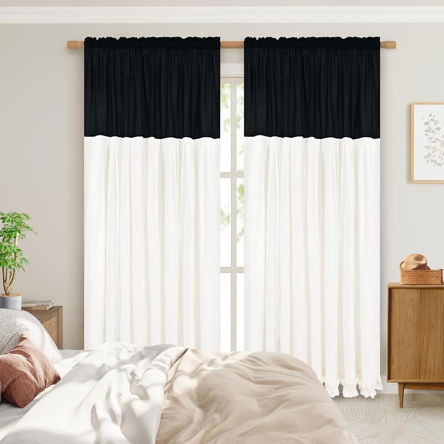 Likiyol Linen Curtains for Living Room 84 Inch Length Farmhouse Ruffle Curtains for Bedroom Light Filtering Window Curtain Rustic Country Drapes Rod Pocket Window Treatments, Black White, 2 Panels Black and White 52"W x 84"L (Pack of 2)