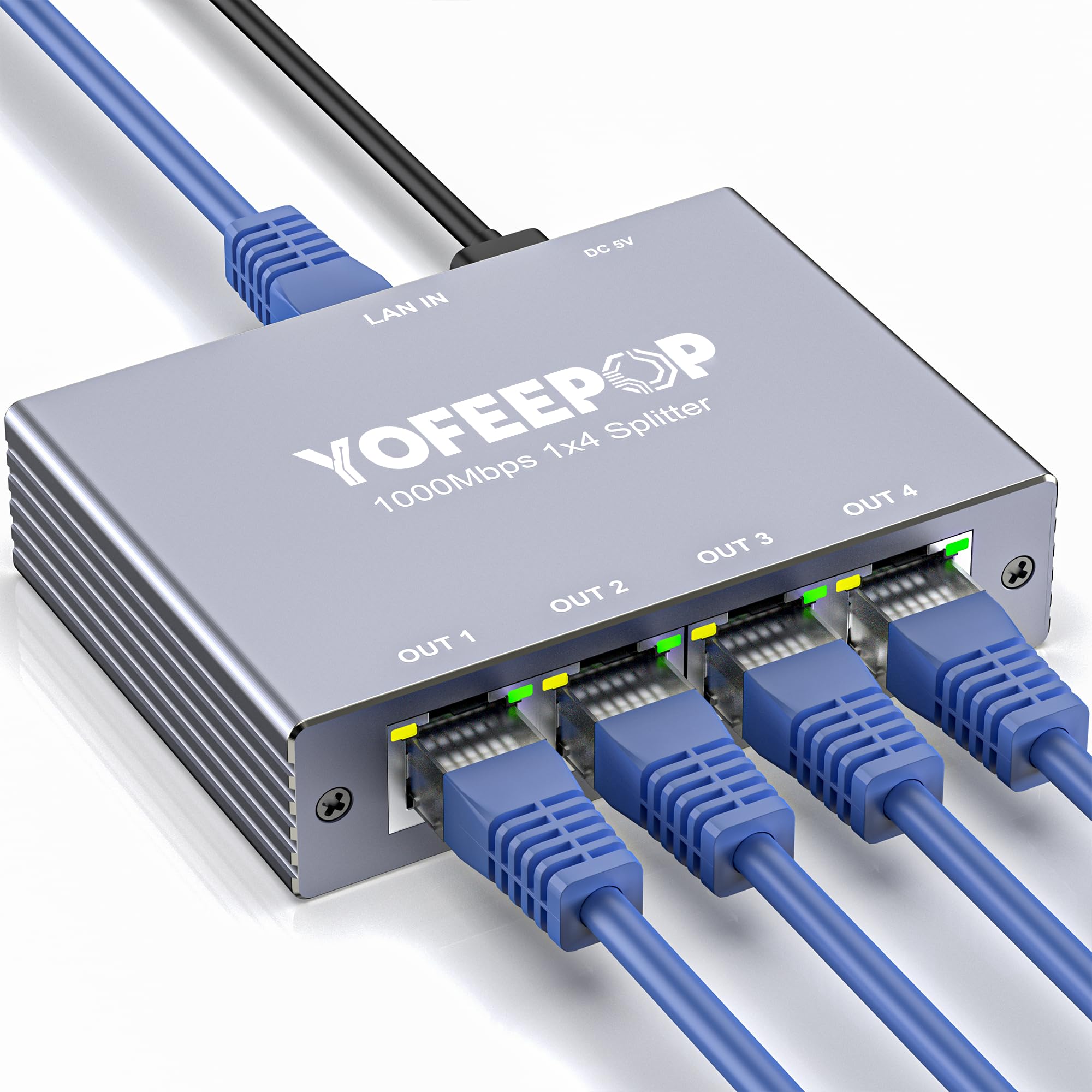 Ethernet Splitter 1 to 4, Gigabit Network Switch, 1000Mbps High-Speed RJ45 Internet Splitter with USB-C Power Cable for PC/Laptop, PS5, Xbox, Router, TV