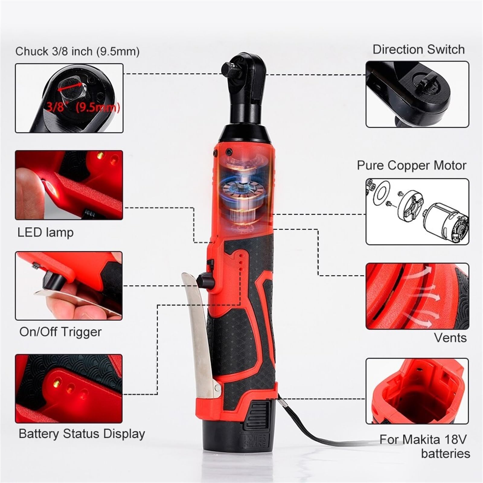 3/8 Cal Bezprzewodowy Klucz Elektryczny 65Nm Klucze Grzechotkowe Kątowe 18V Akumulator Zestaw Narzędzi Do Naprawy Samochodu Kątowy Pracuj Wydajnie