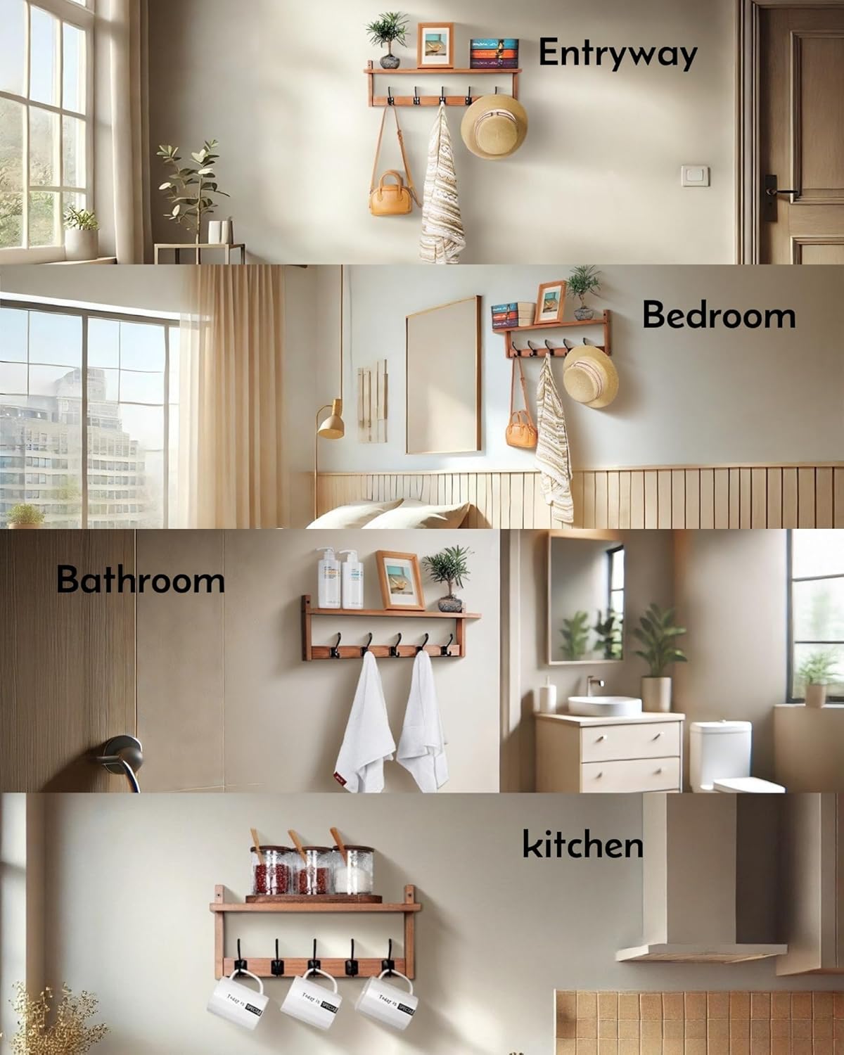 Coat Rack Wall Mount with Shelf, 26IN Wooden Coat Hanger Hooks Wall Mount with 5 Metal Hooks, Hanging Shelf with Hooks, Wood