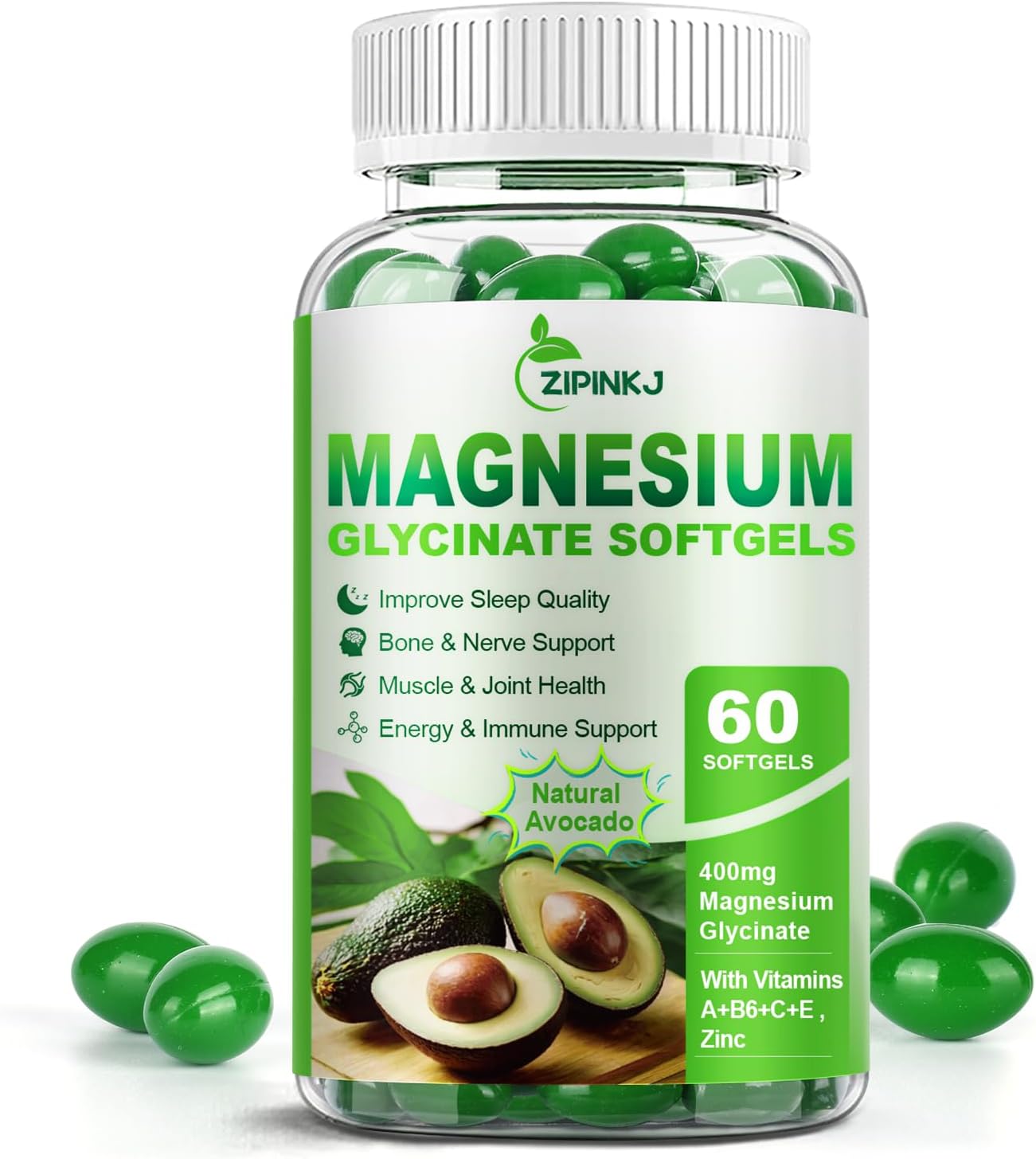 Magnesium Glycinate 400mg, High Absorption Magnesium Supplements Softgels with Vitamin E, B6, Zinc for Sleep, Calm, Muscle Relaxation & Bone Health, Gluten-Free, Non-GMO, 60 softgels