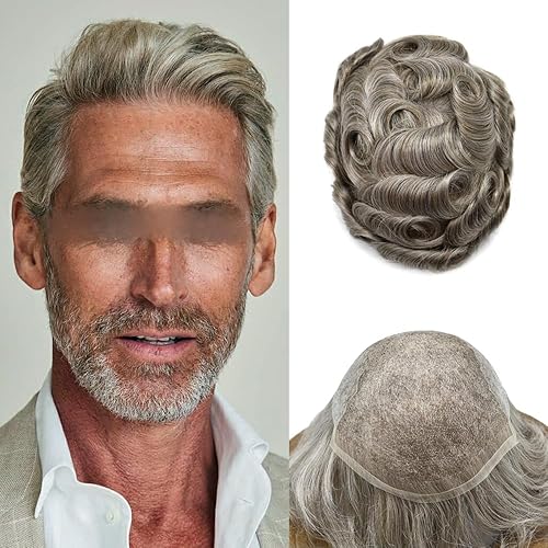 RESHE Toupee - Sistema de cabello humano para hombre con encaje francés para hombre, sistema de reemplazo de cabello frontal de encaje para hombres,