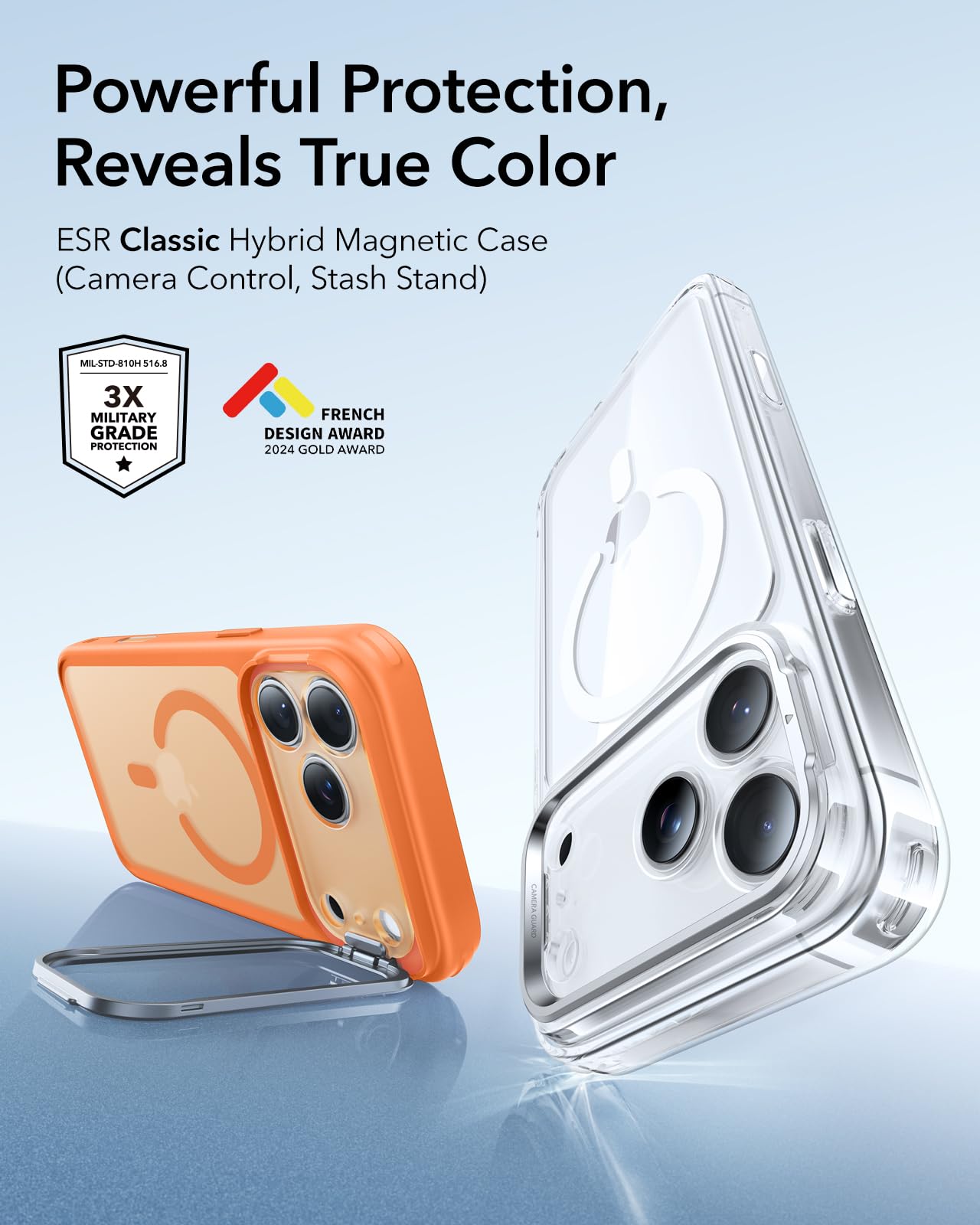 ESR Cover per iPhone 17 Pro Max, Controllo della fotocamera, Compatibile con MagSafe, Supporto integrato, Protezione di livello militare, Retro resistente ai graffi, Arancia Trasparente