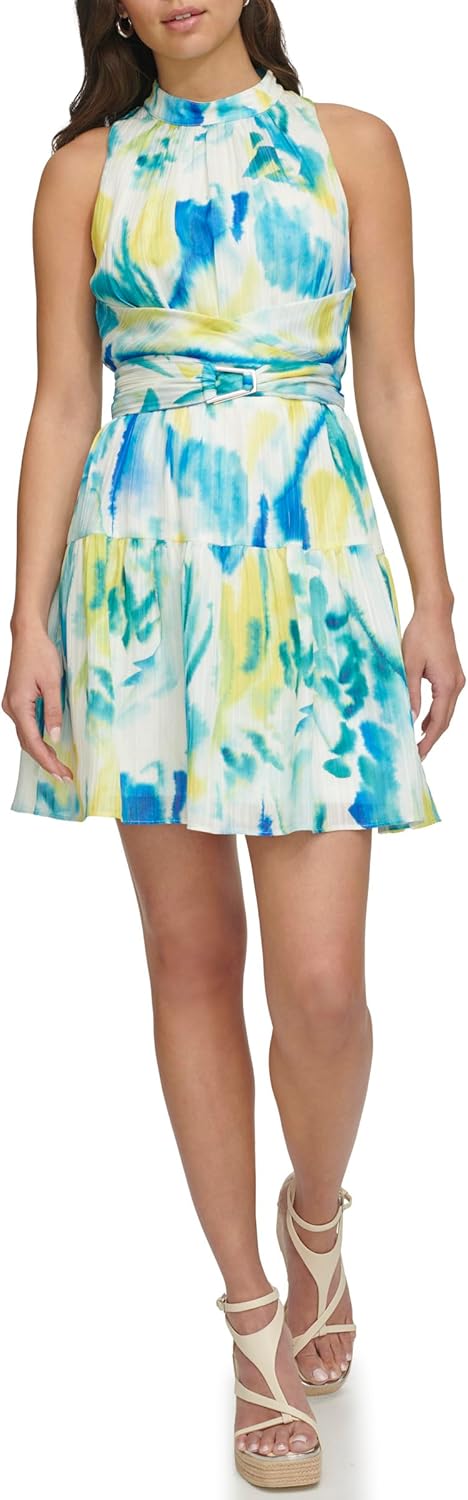 DKNY Women's Sleeveless High Neck Mini Belted Tiered Skirt Dress - Image 2