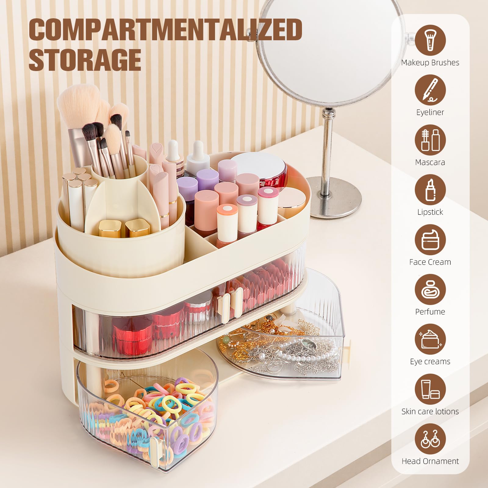 FoiiLiio Make Up Organizer per Cosmetici con 2 Rotazione Cassetti, Grande Porta Cosmetici Multifunzionale con Rotazione a 360°, per trucco adatto per gioielli, spazzole, rossetto e creme (Beige)