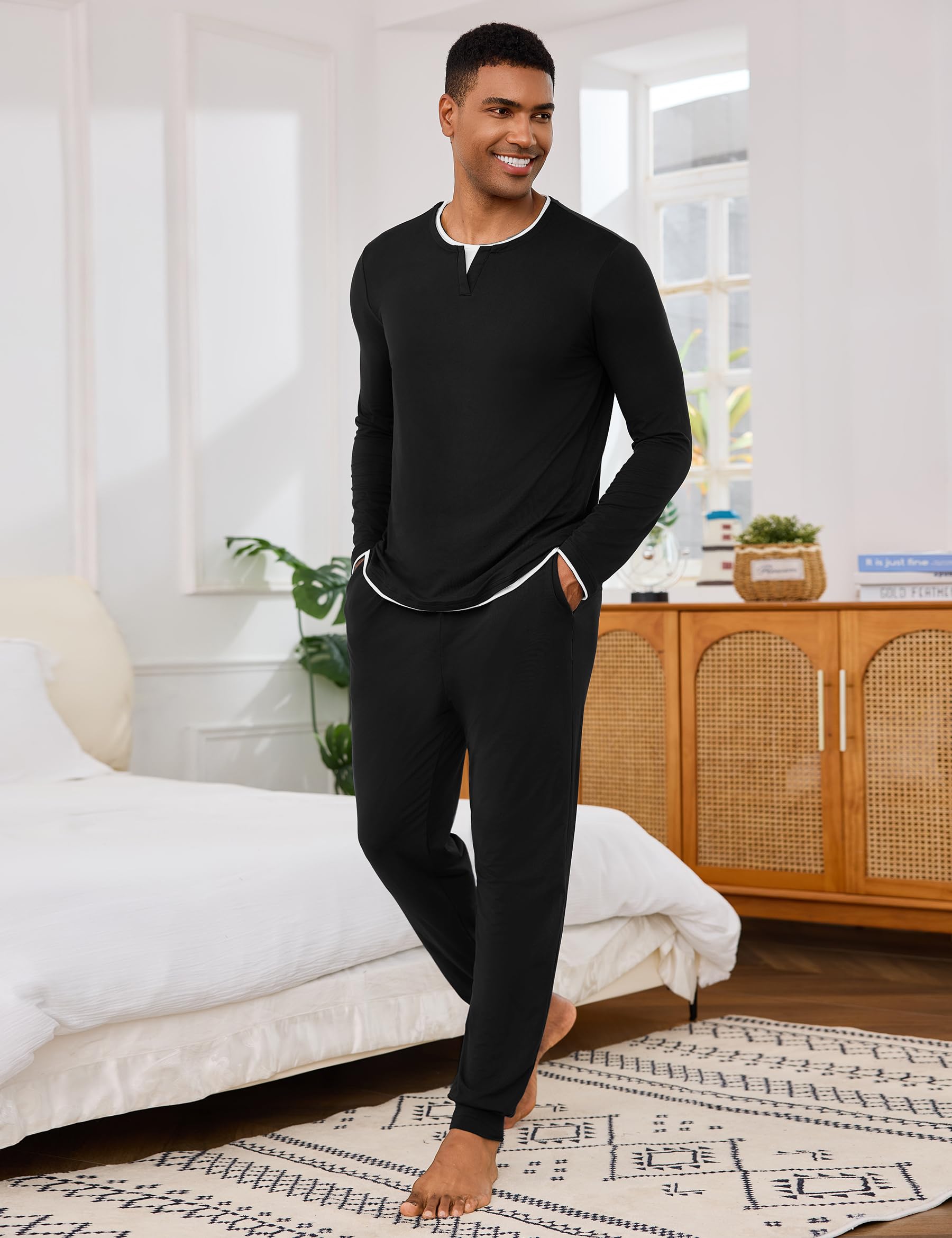 Jahetuul Pigiama Uomo Invernale Caldo Cotone Lungo Pigiami Due Pezzi da Uomo Maniche Lunghe Top con Design a Colletto Multistrato Lunghi Pantaloni con Tasche e Coulisse