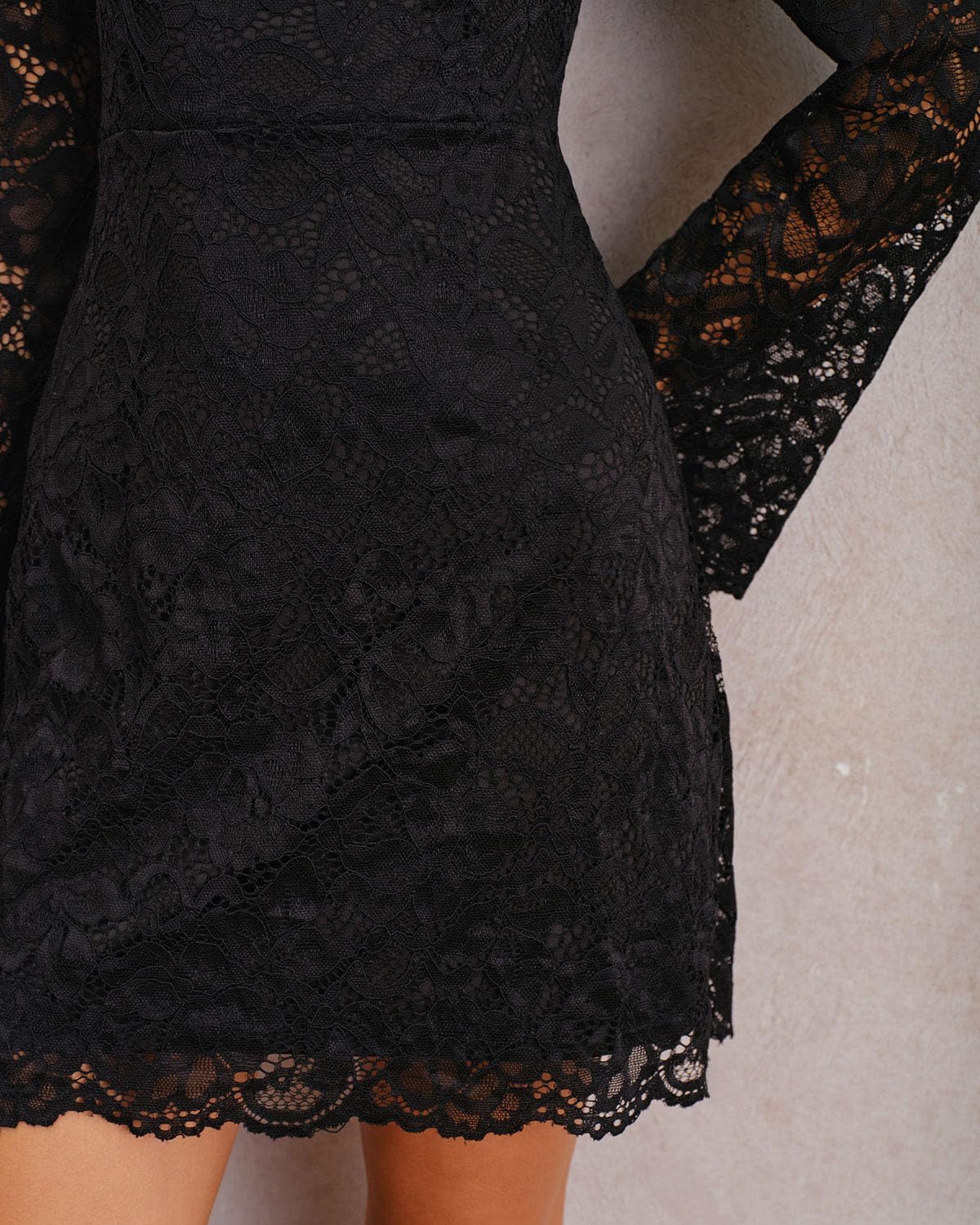 RIHOAS Black Lace Bell Sleeve A-Line Mini Dress - Women's Slim Cocktail Wedding Guest Party Club Spring Summer Dress
